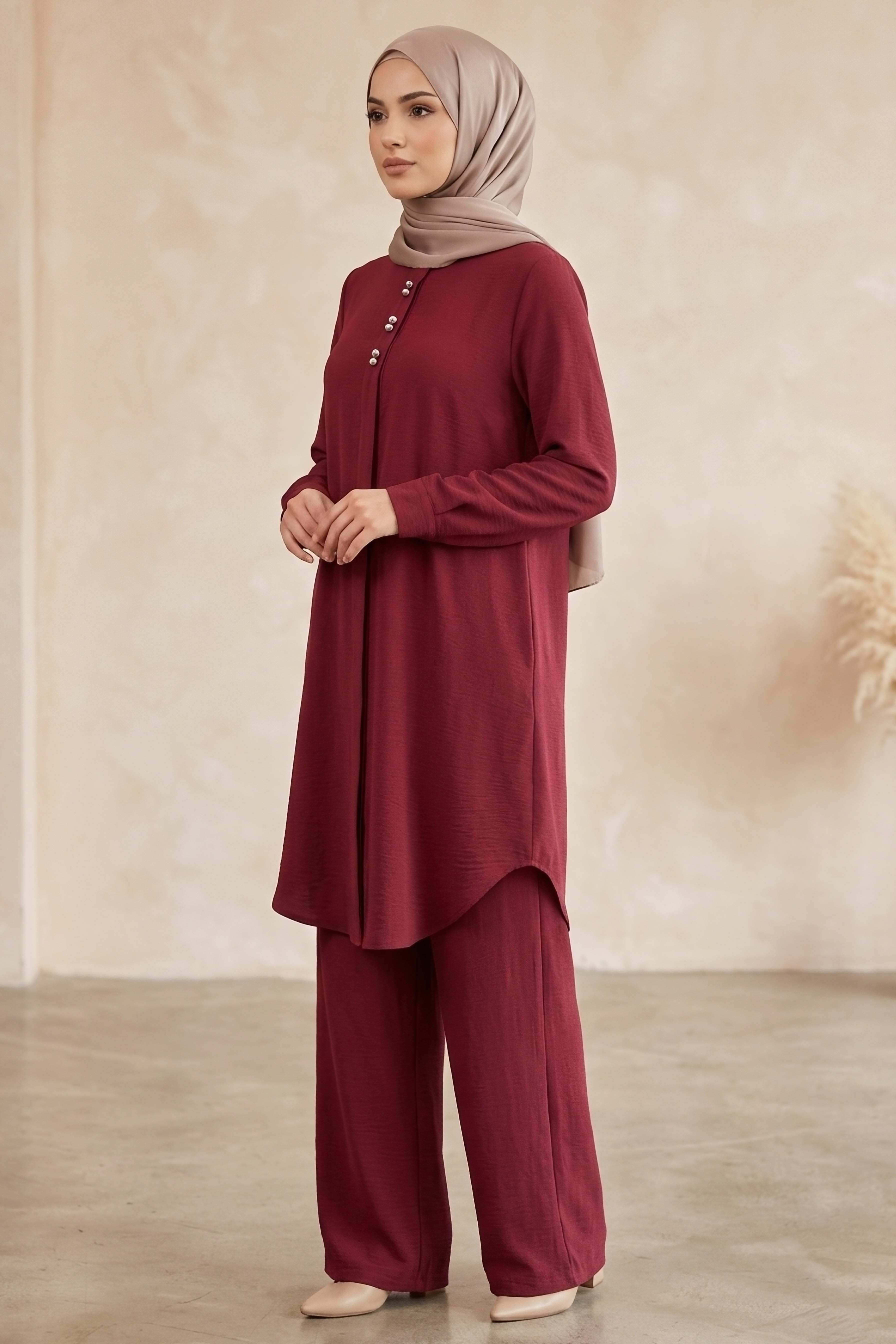 Riz Tunik Pantolon İkili Takım Bordo - 2129-BORDO - 2