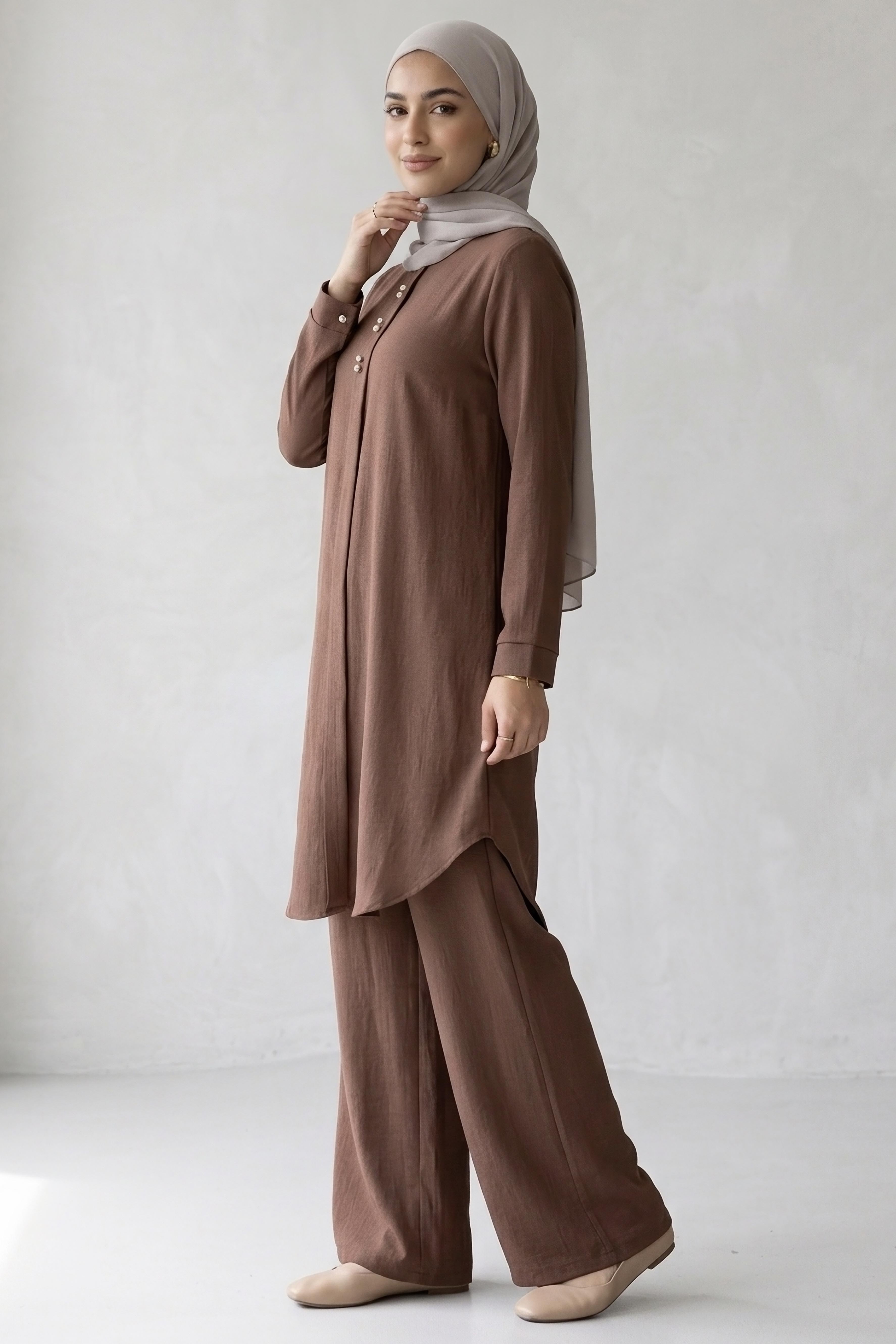 Riz Tunik Pantolon İkili Takım Kahve - 2129-KAHVE - 2