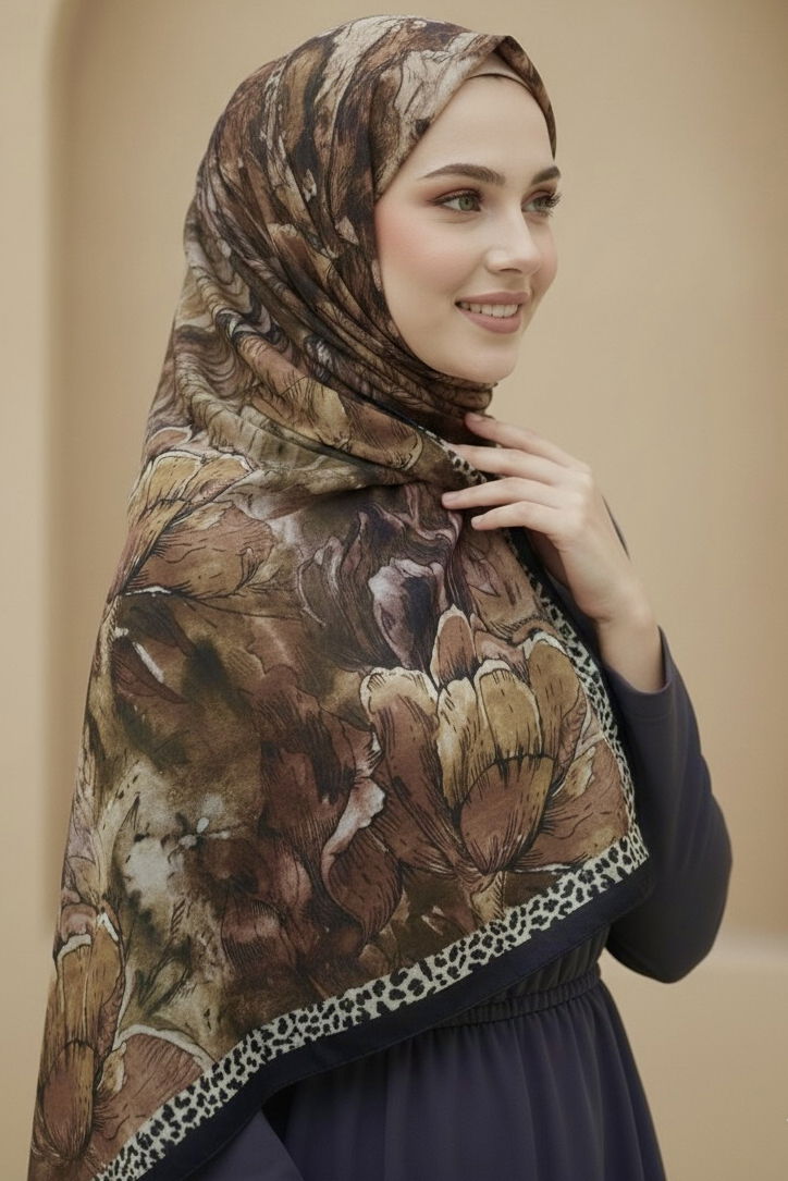 Rustik Bloom Serisi Bambu Crash Şal - 28002-KAHVE - 1