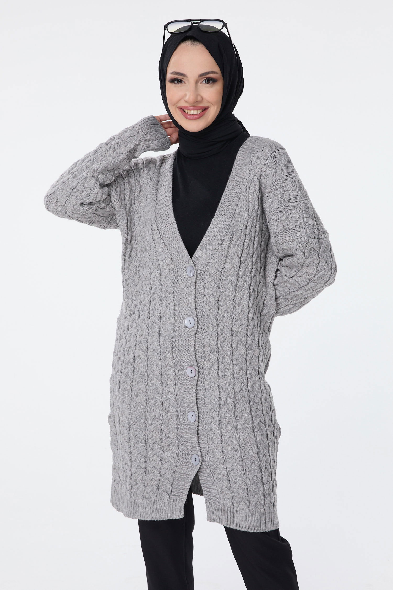 Saç Örgülü Düğmeli Triko Hırka - 27659 - 1