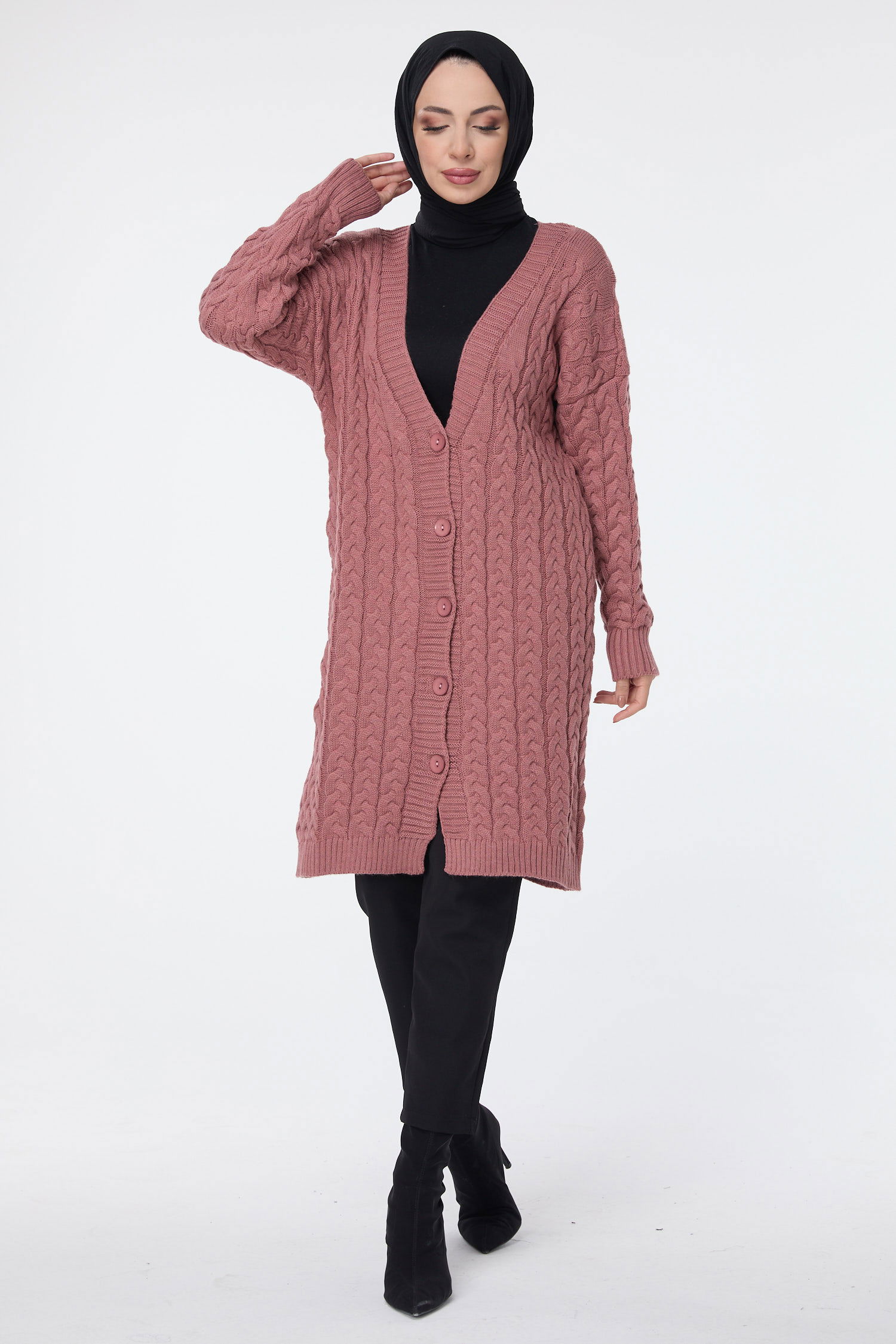 Saç Örgülü Düğmeli Triko Hırka - 27659 - 1