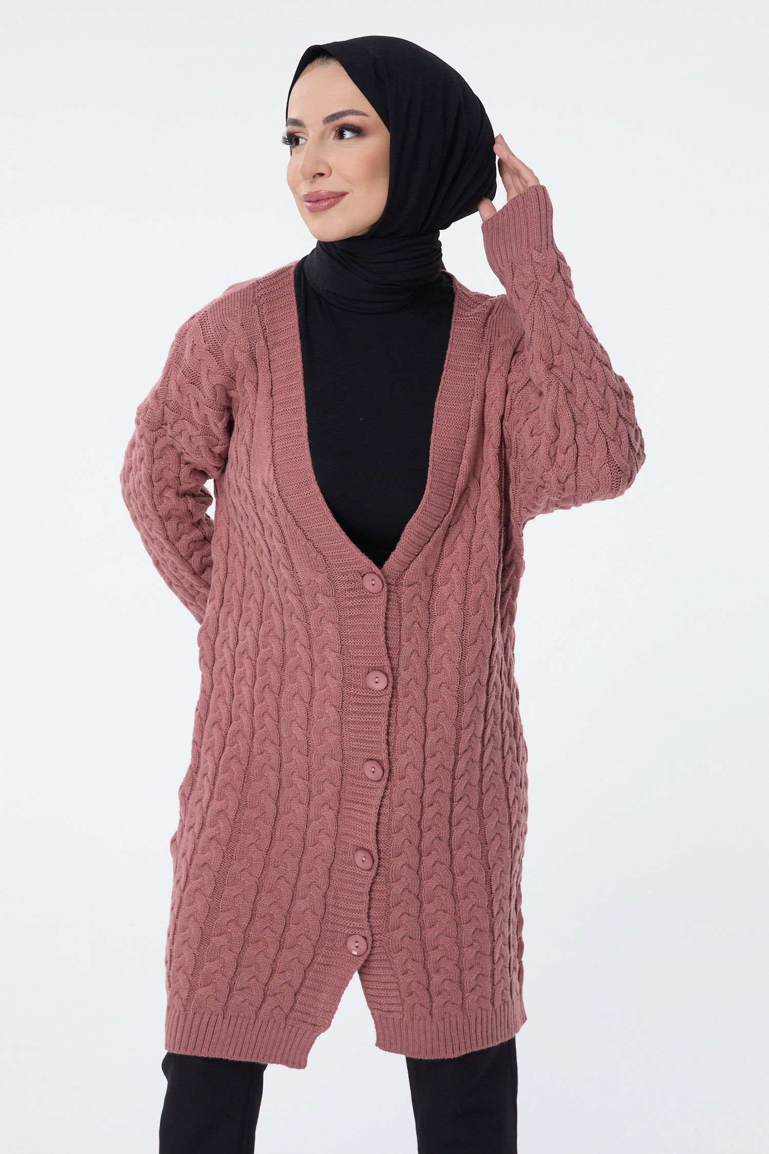 Saç Örgülü Düğmeli Triko Hırka - 27659 - 2