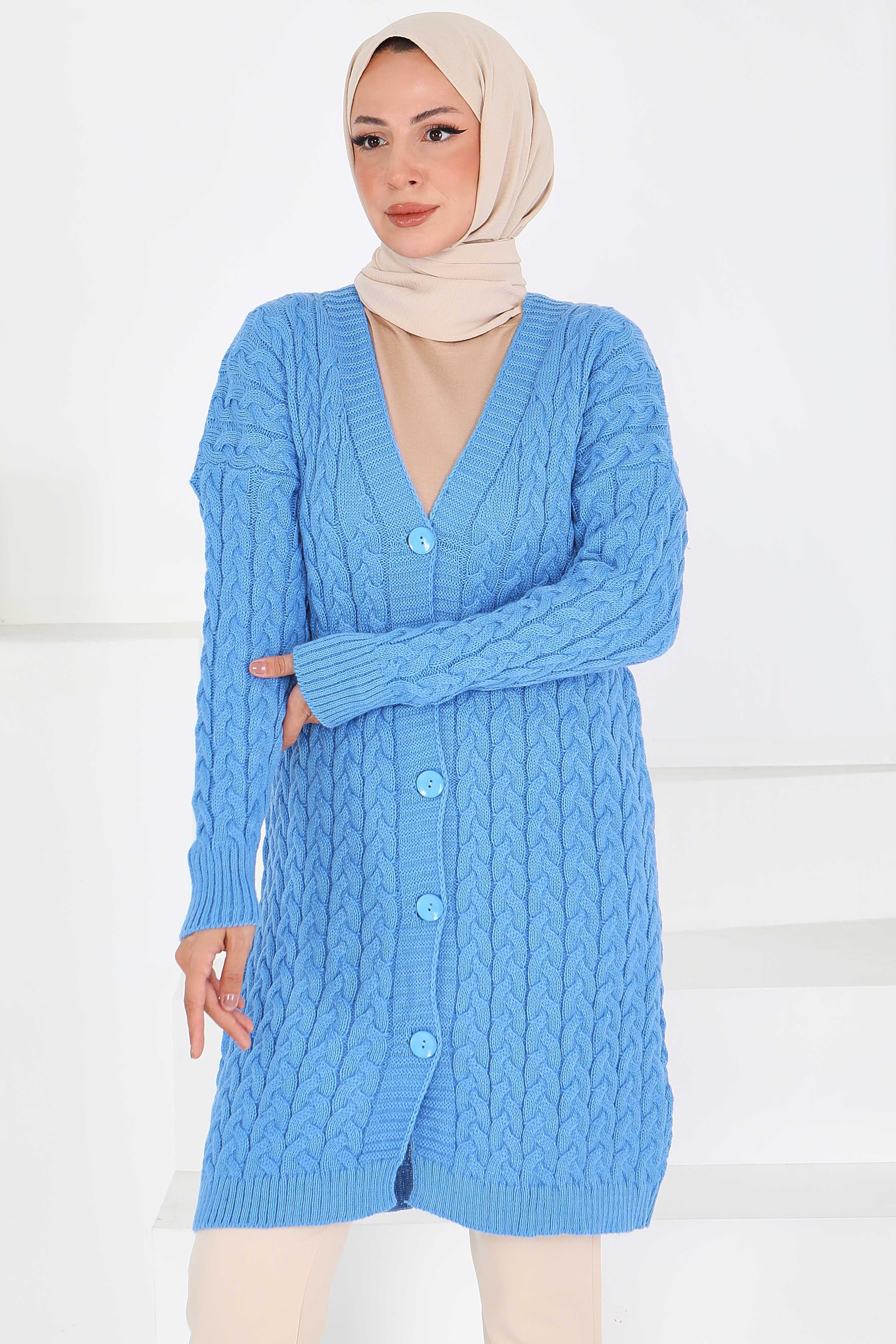 Saç Örgülü Düğmeli Triko Hırka - 27659 - 2