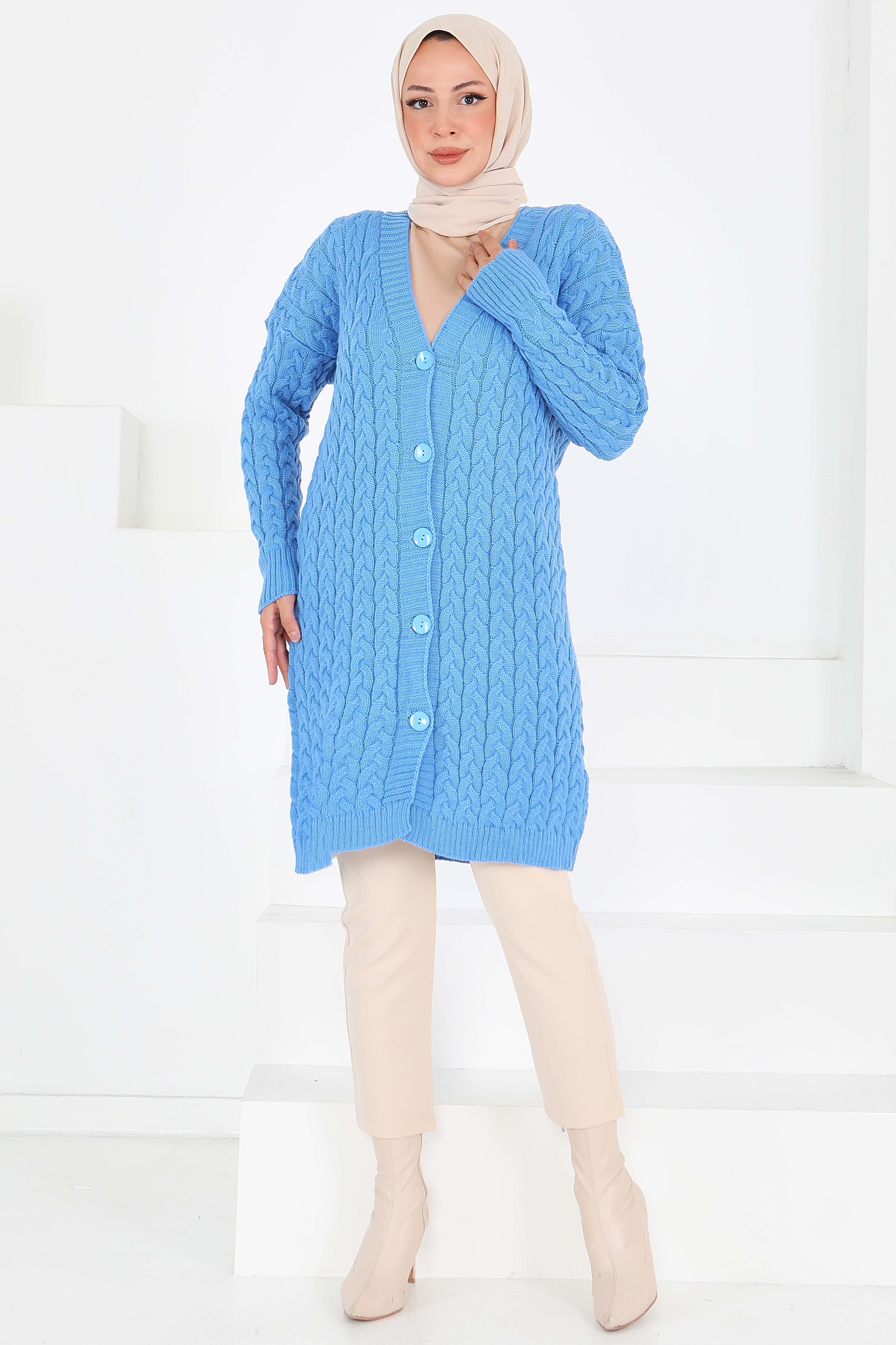 Saç Örgülü Düğmeli Triko Hırka - 27659 - 3
