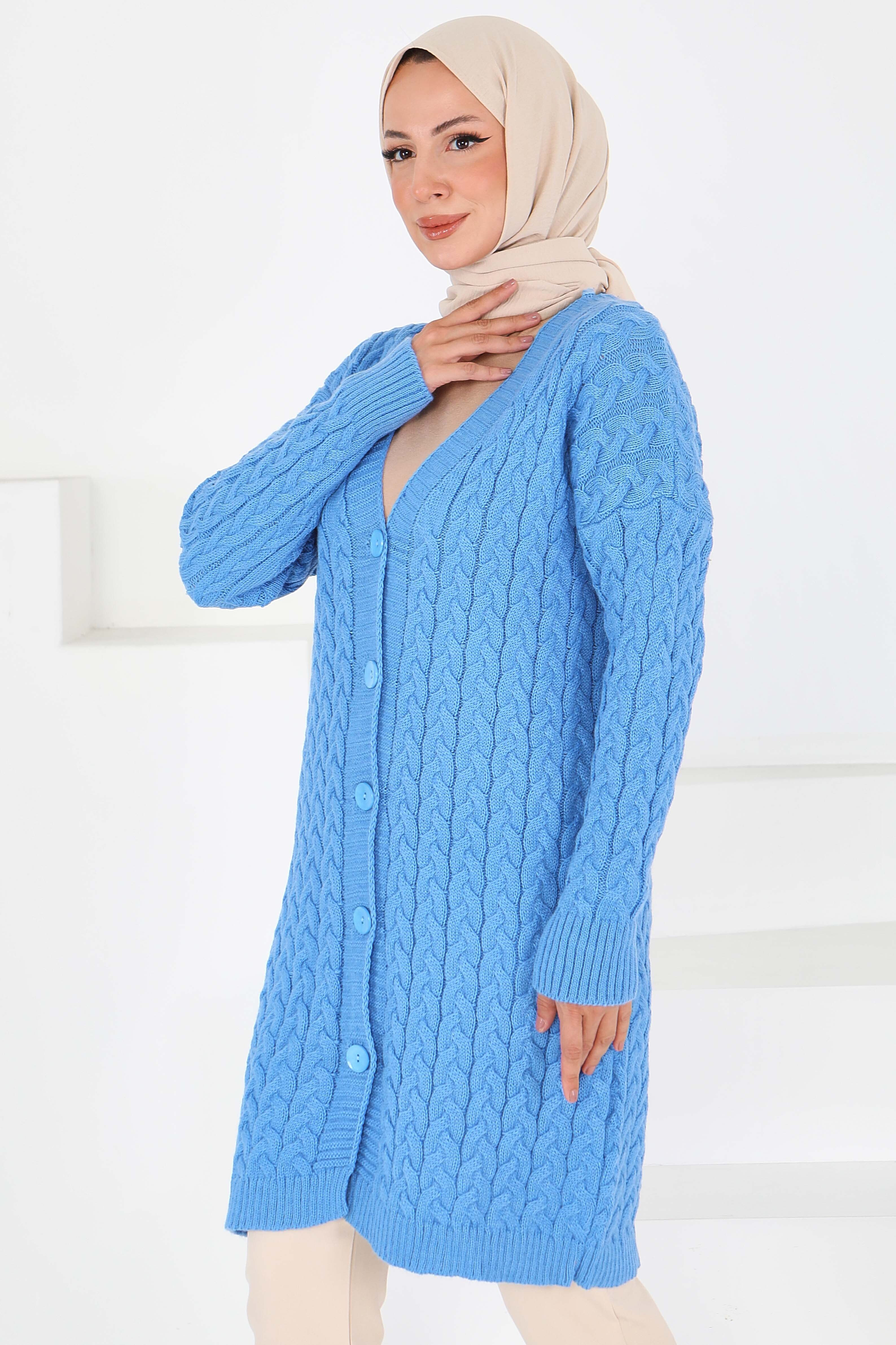 Saç Örgülü Düğmeli Triko Hırka - 27659 - 4