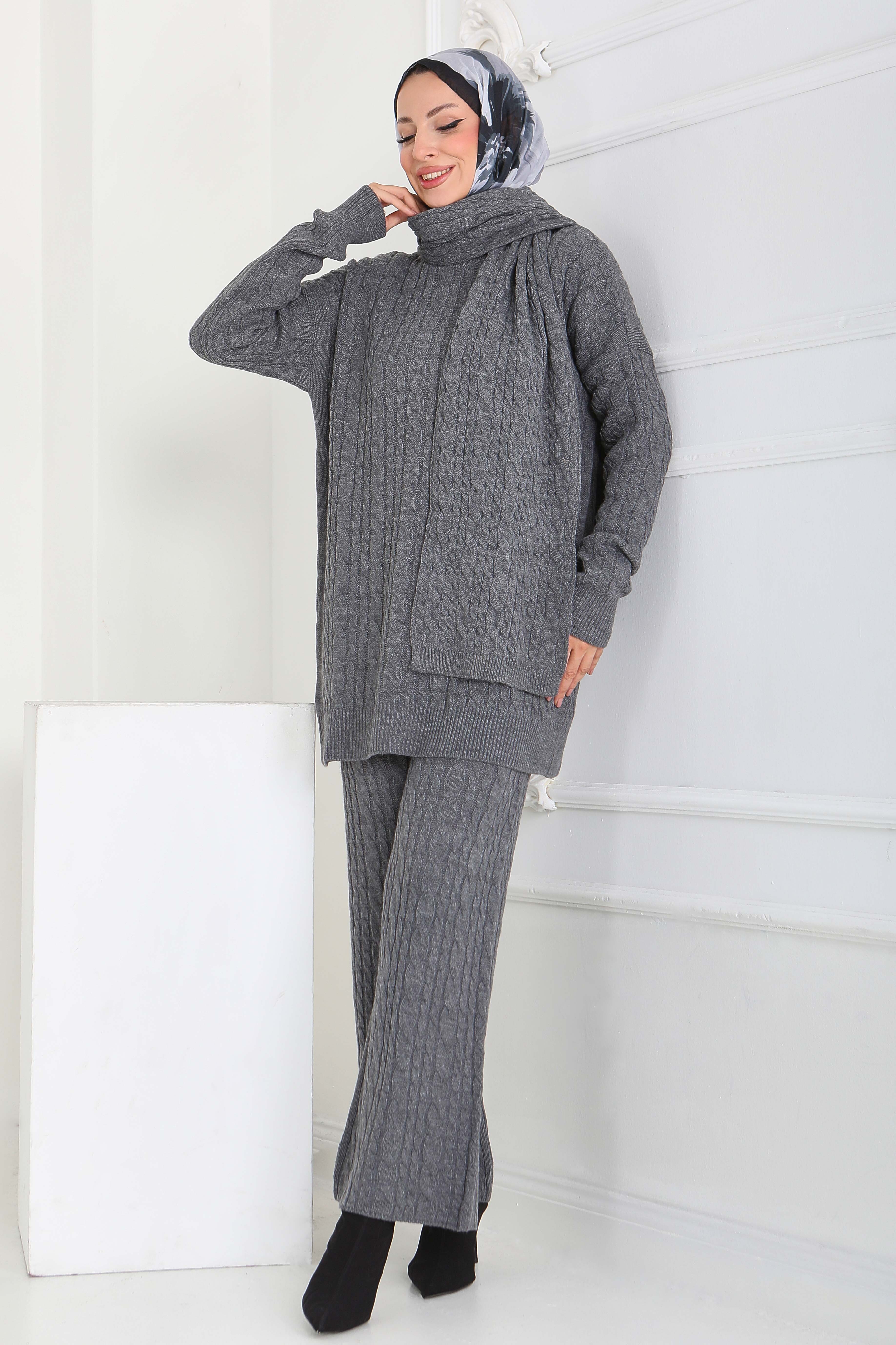 Saç Örgülü Triko Tunik Pantolon Atkı Takım - 27905-ANTRASIT - 1