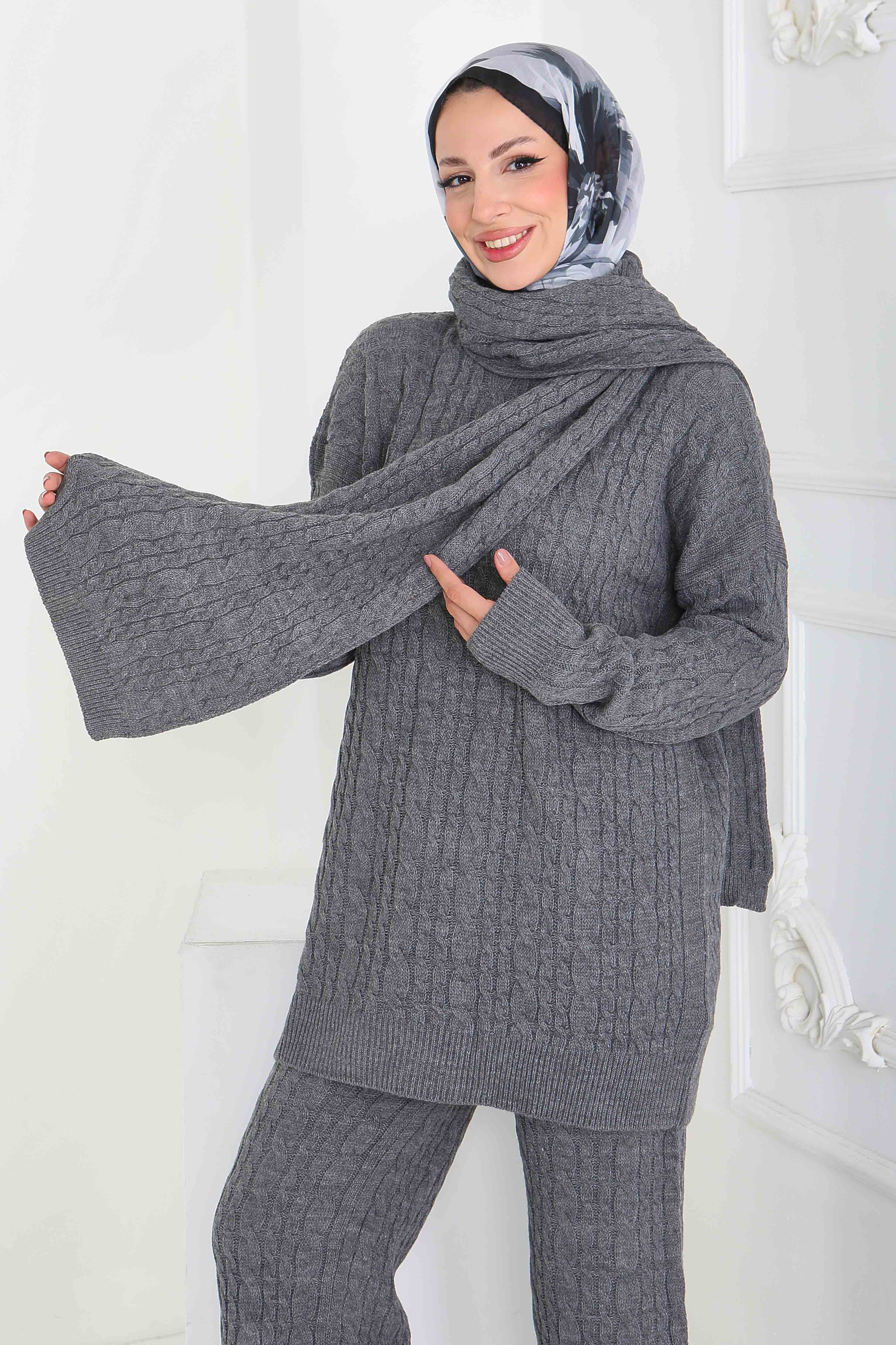 Saç Örgülü Triko Tunik Pantolon Atkı Takım - 27905-ANTRASIT - 2