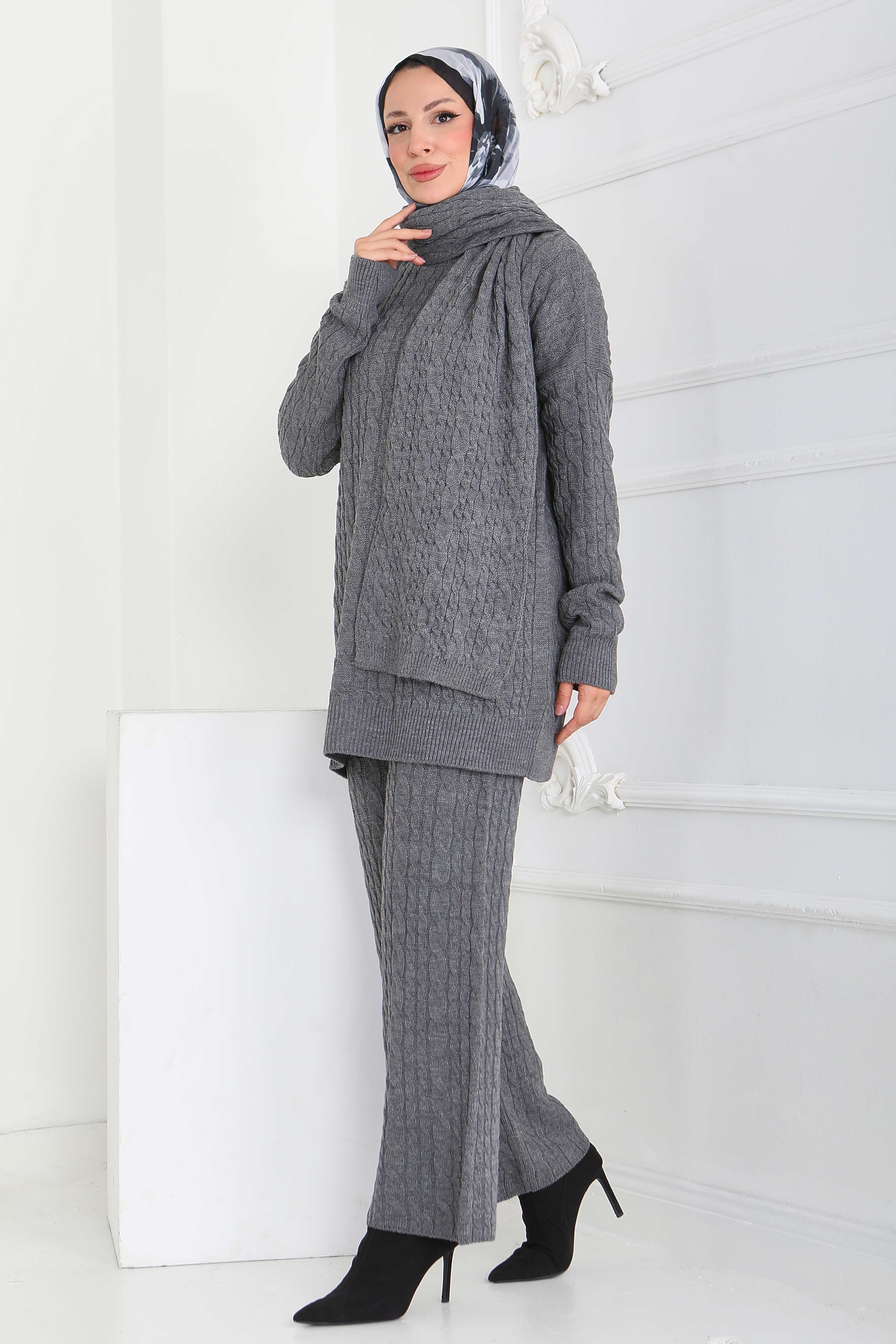 Saç Örgülü Triko Tunik Pantolon Atkı Takım - 27905-ANTRASIT - 3
