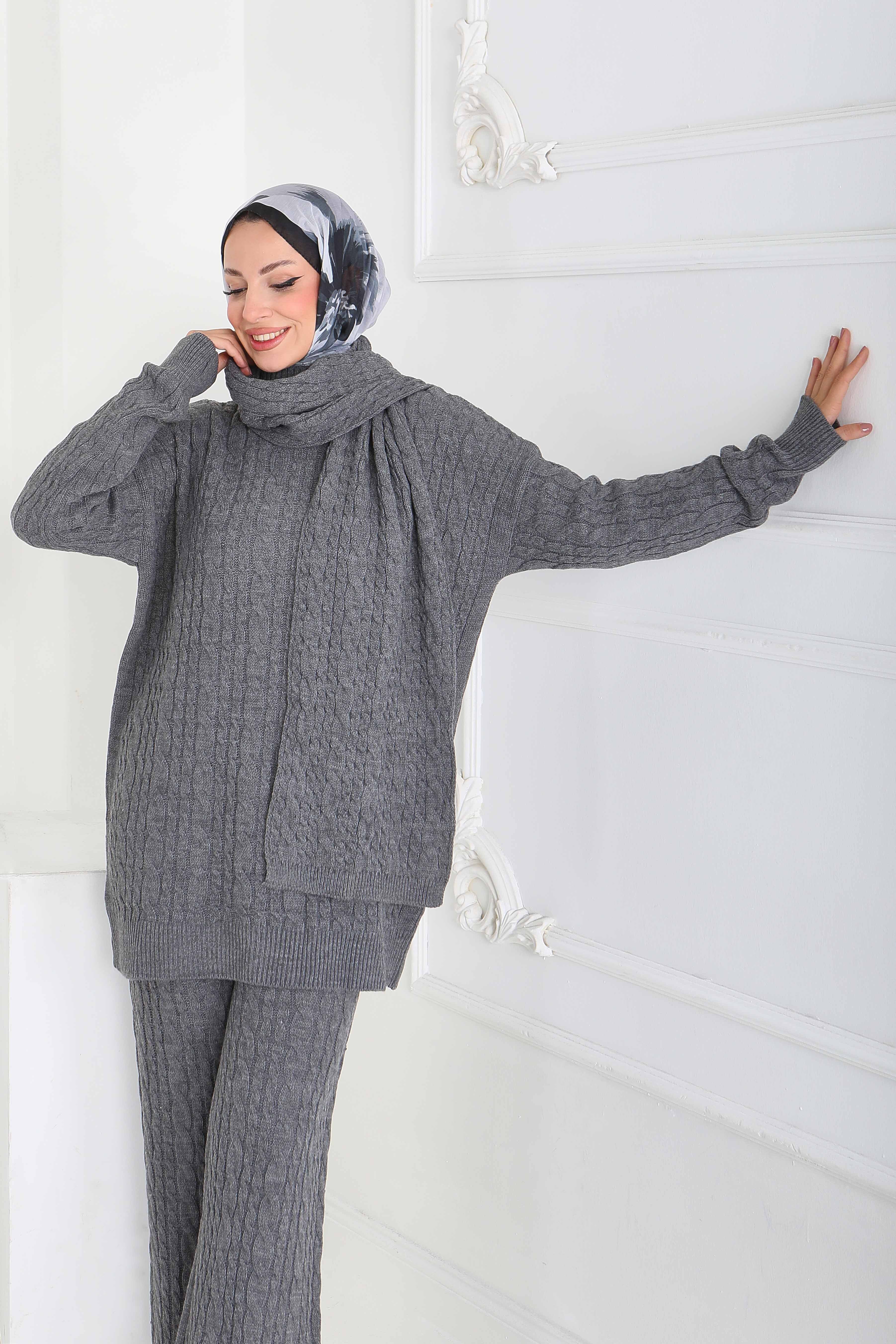 Saç Örgülü Triko Tunik Pantolon Atkı Takım - 27905-ANTRASIT - 4