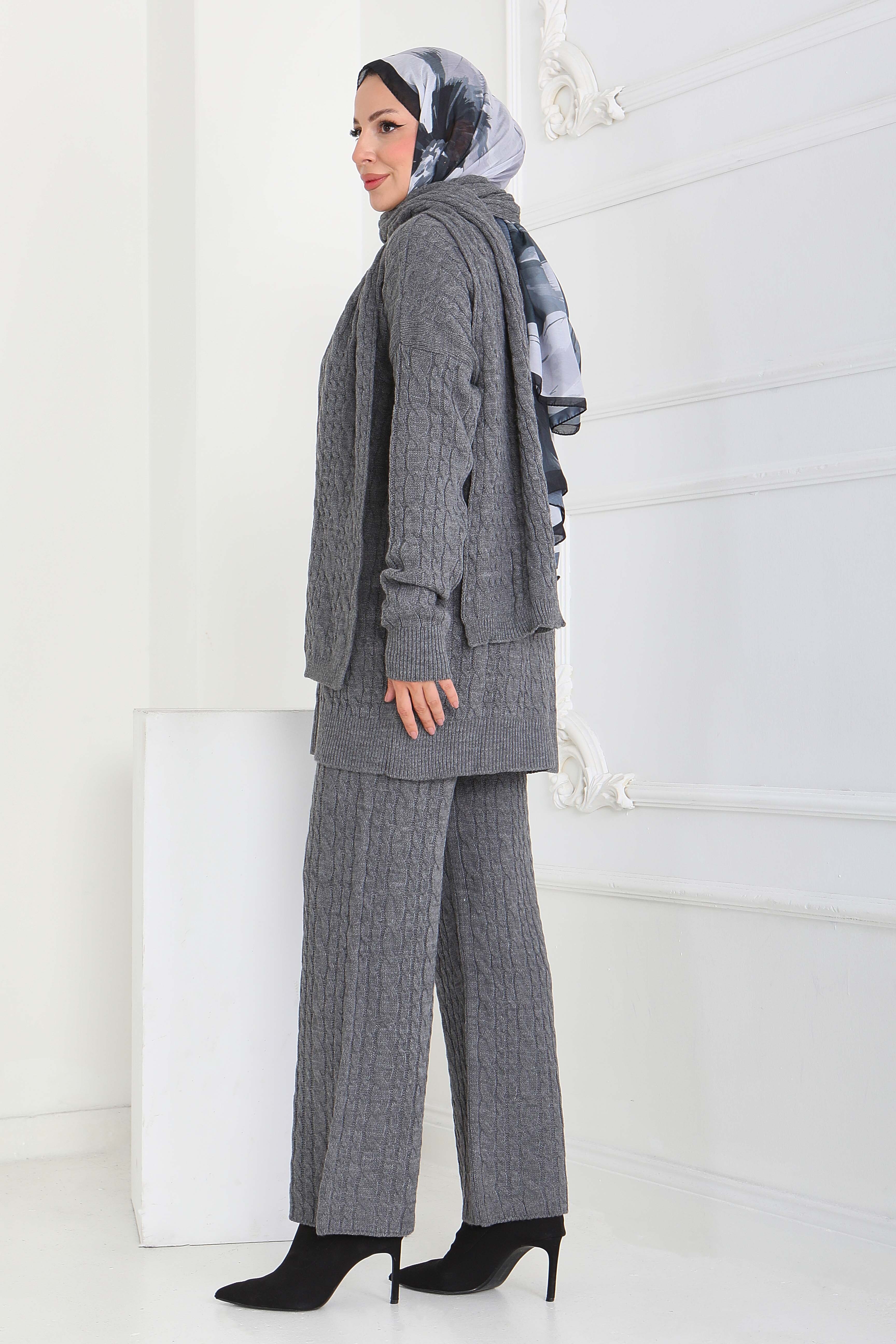 Saç Örgülü Triko Tunik Pantolon Atkı Takım - 27905-ANTRASIT - 5