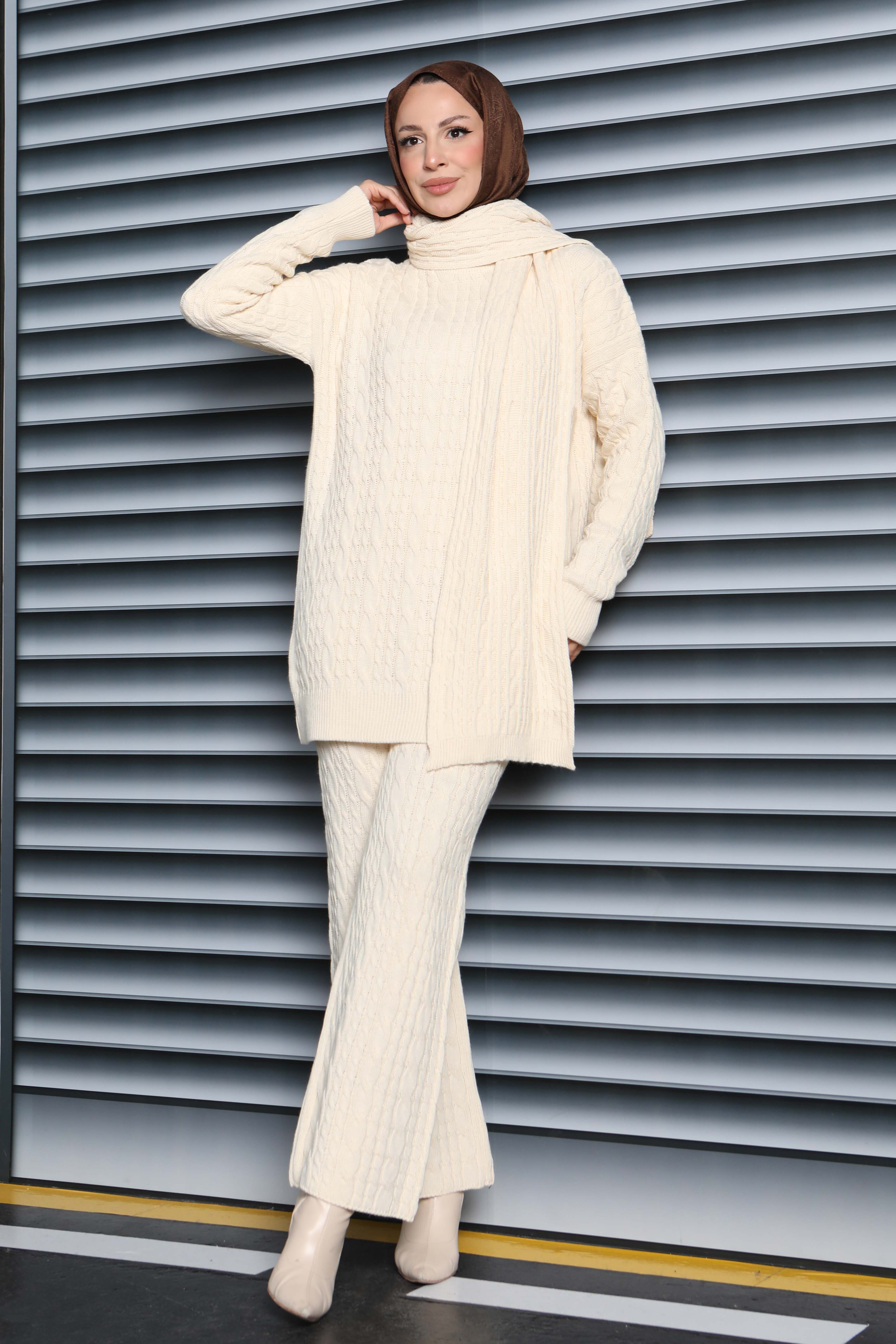 Saç Örgülü Triko Tunik Pantolon Atkı Takım - 27905-KREM - 1