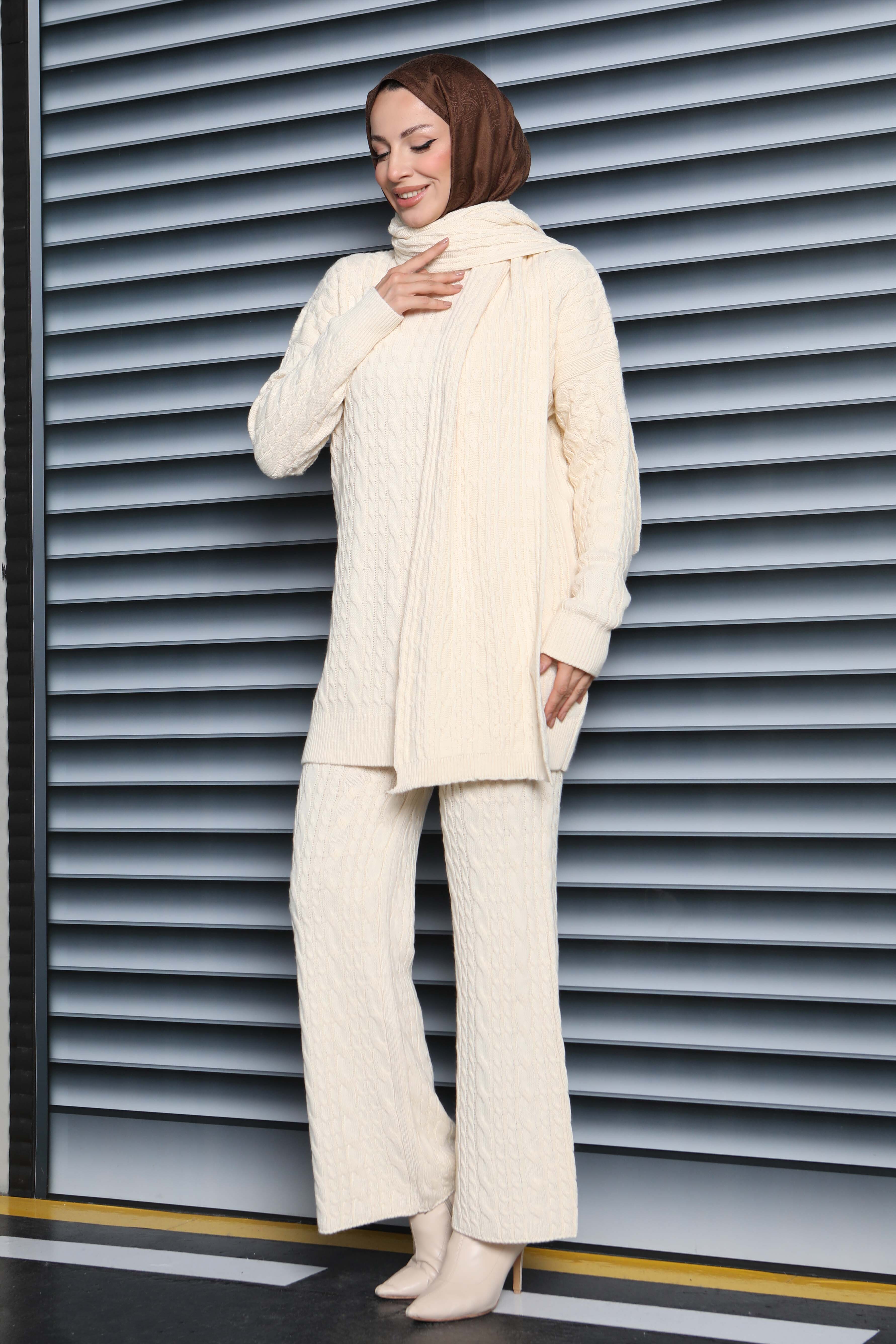 Saç Örgülü Triko Tunik Pantolon Atkı Takım - 27905-KREM - 2