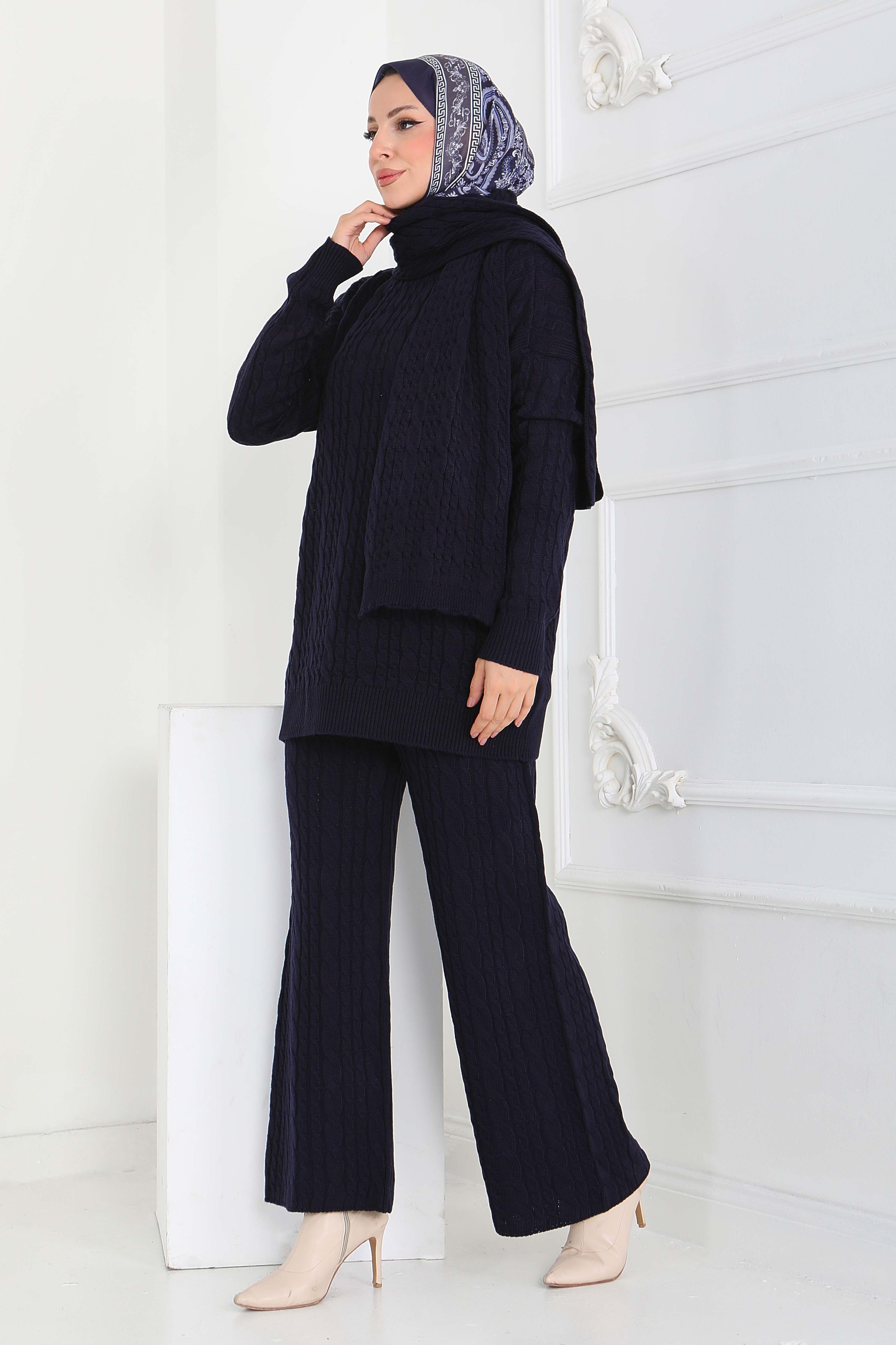 Saç Örgülü Triko Tunik Pantolon Atkı Takım - 27905-LACIVERT - 1