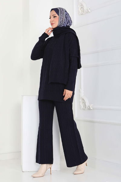 Saç Örgülü Triko Tunik Pantolon Atkı Takım - 27905-LACIVERT 