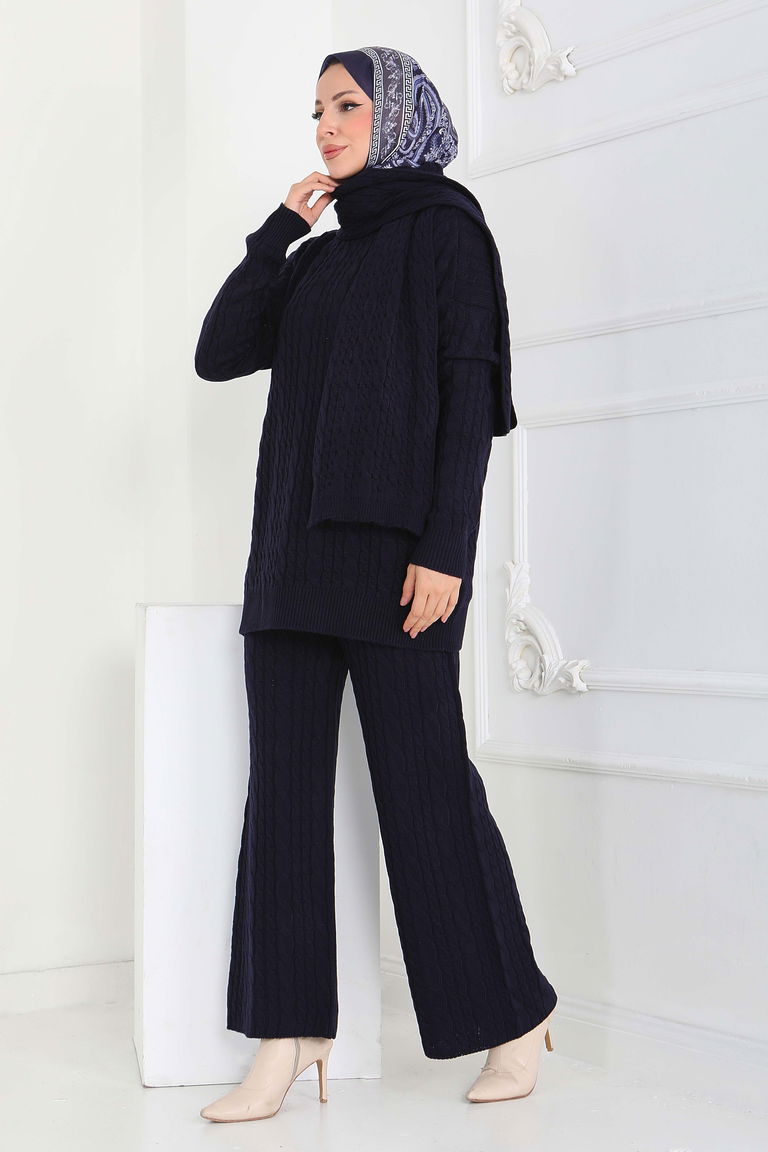 Saç Örgülü Triko Tunik Pantolon Atkı Takım - 27905-LACIVERT - TOFİSA