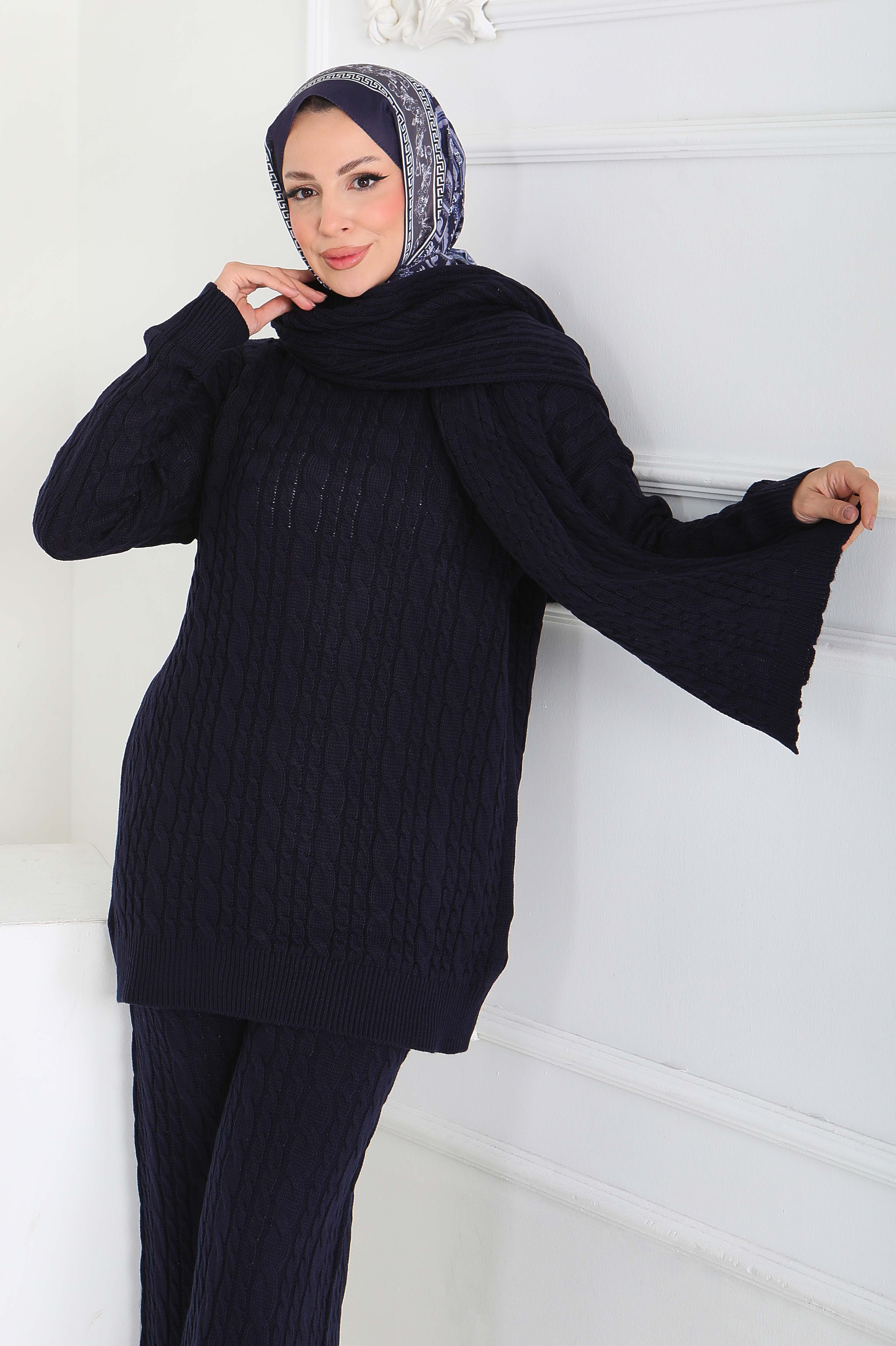 Saç Örgülü Triko Tunik Pantolon Atkı Takım - 27905-LACIVERT - 2