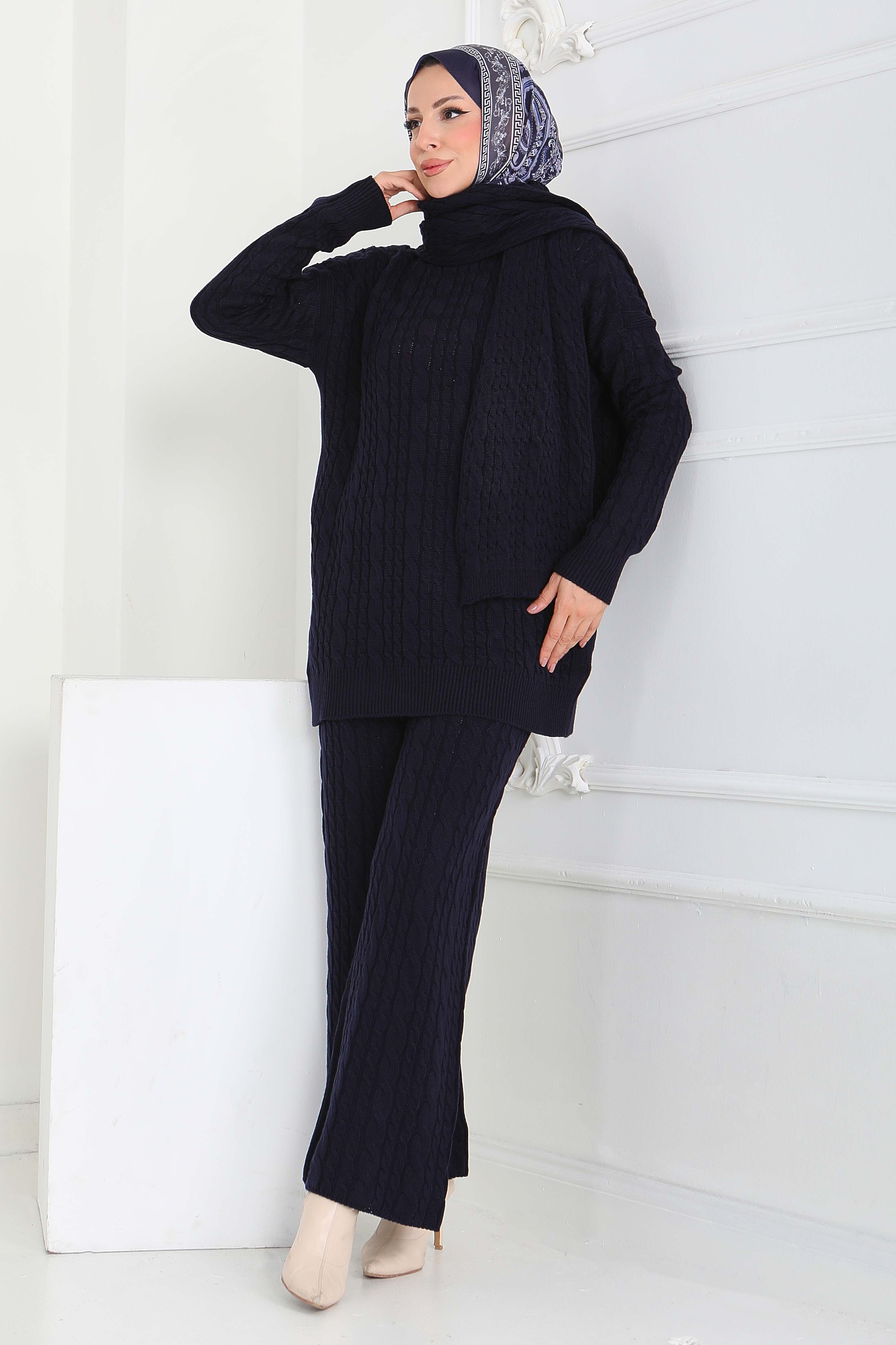 Saç Örgülü Triko Tunik Pantolon Atkı Takım - 27905-LACIVERT - 3