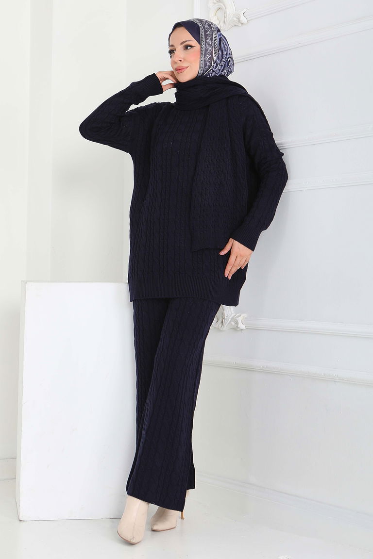 Saç Örgülü Triko Tunik Pantolon Atkı Takım - 27905-LACIVERT - TOFİSA