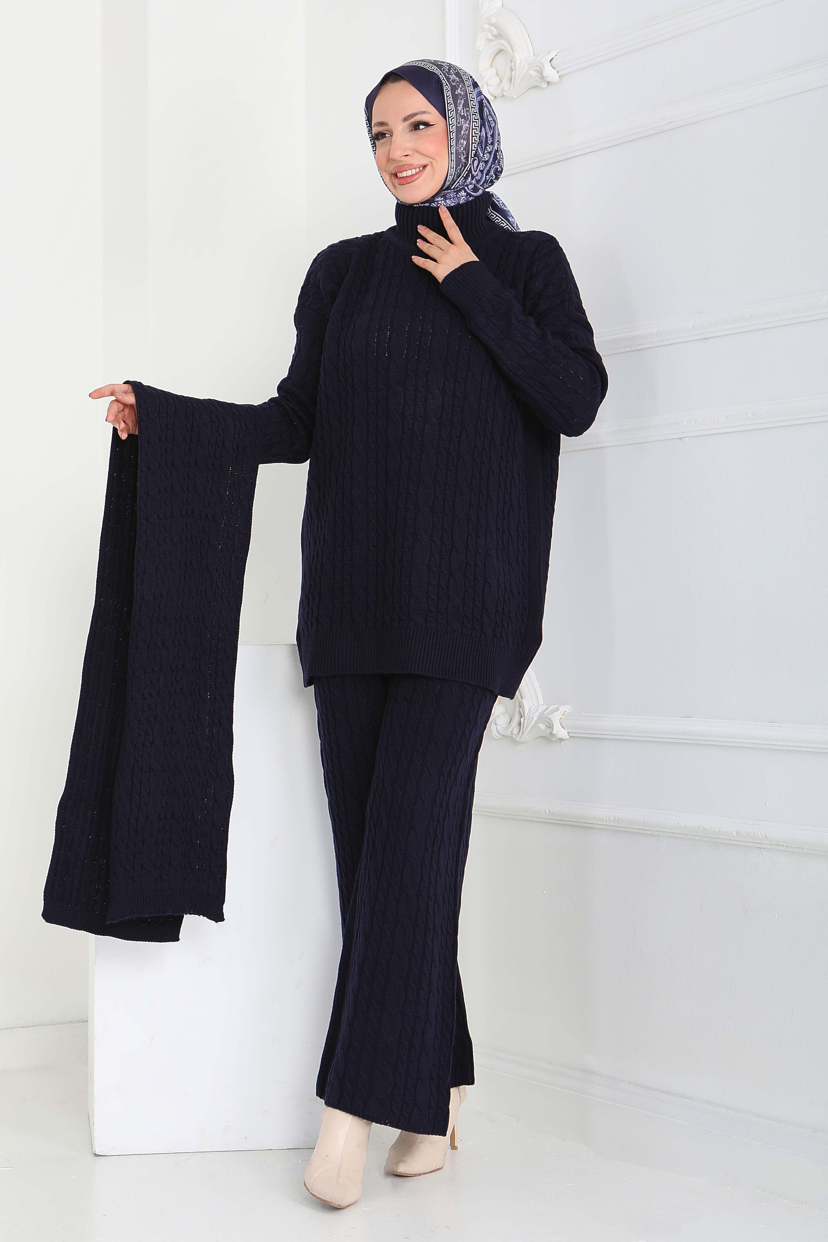 Saç Örgülü Triko Tunik Pantolon Atkı Takım - 27905-LACIVERT - 4