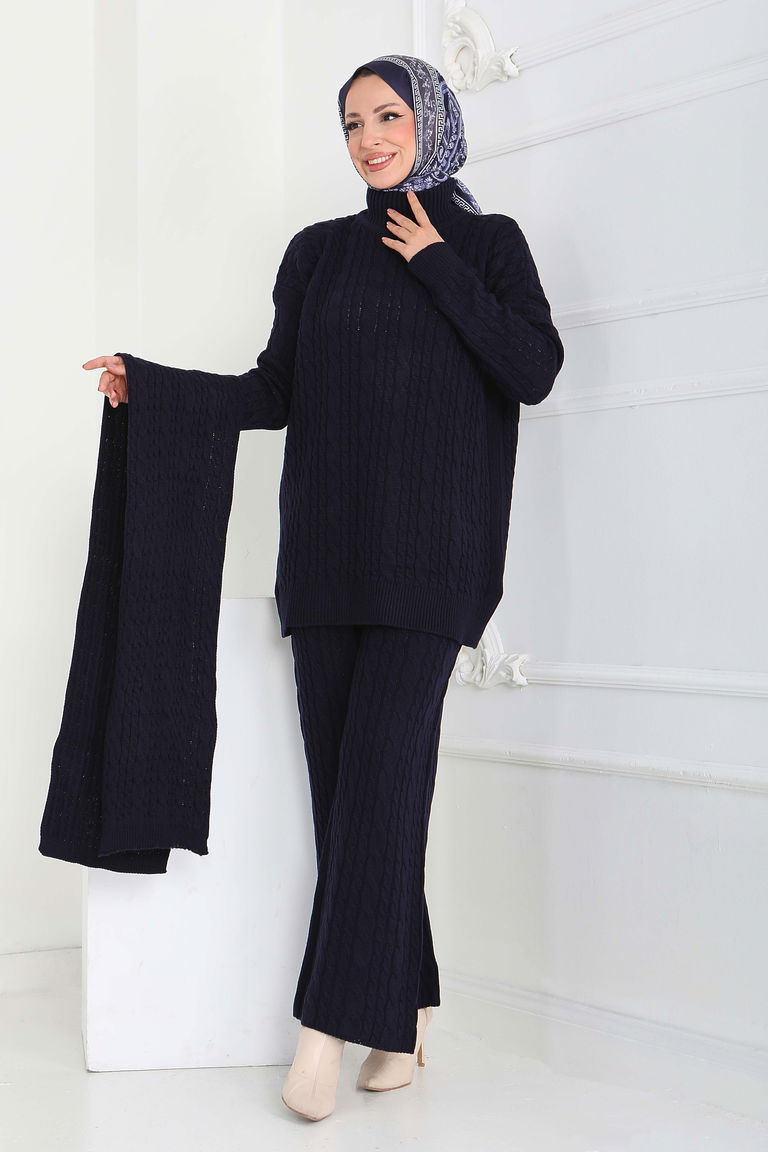 Saç Örgülü Triko Tunik Pantolon Atkı Takım - 27905-LACIVERT - TOFİSA