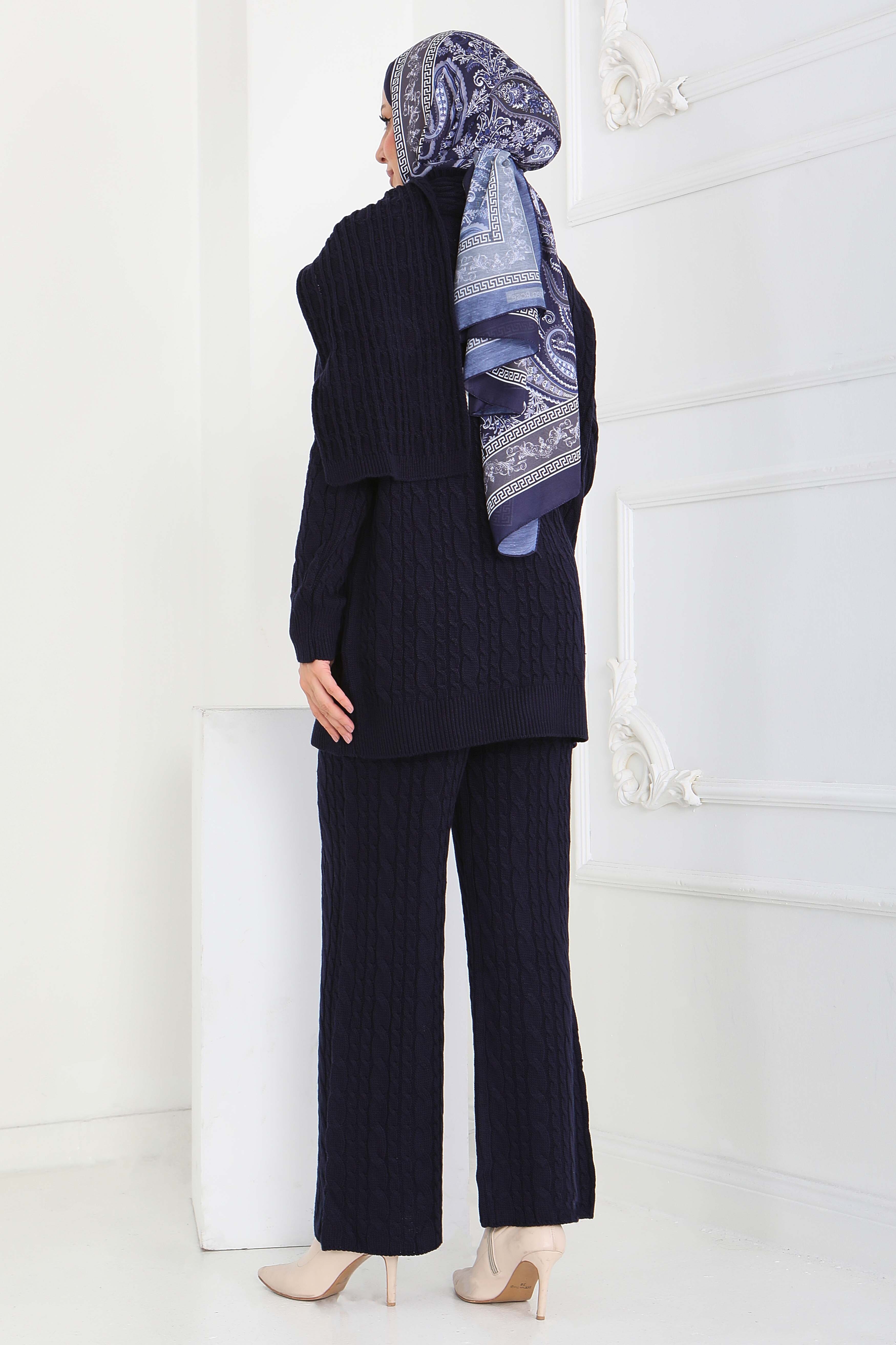 Saç Örgülü Triko Tunik Pantolon Atkı Takım - 27905-LACIVERT - 5