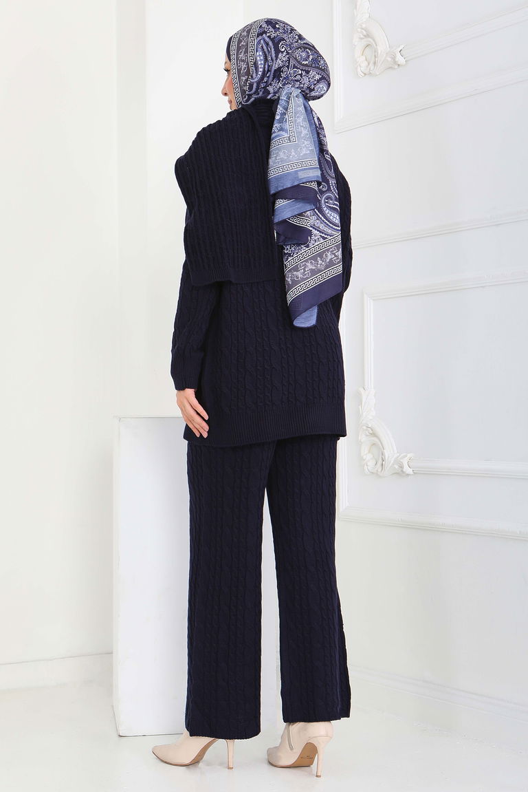 Saç Örgülü Triko Tunik Pantolon Atkı Takım - 27905-LACIVERT - TOFİSA