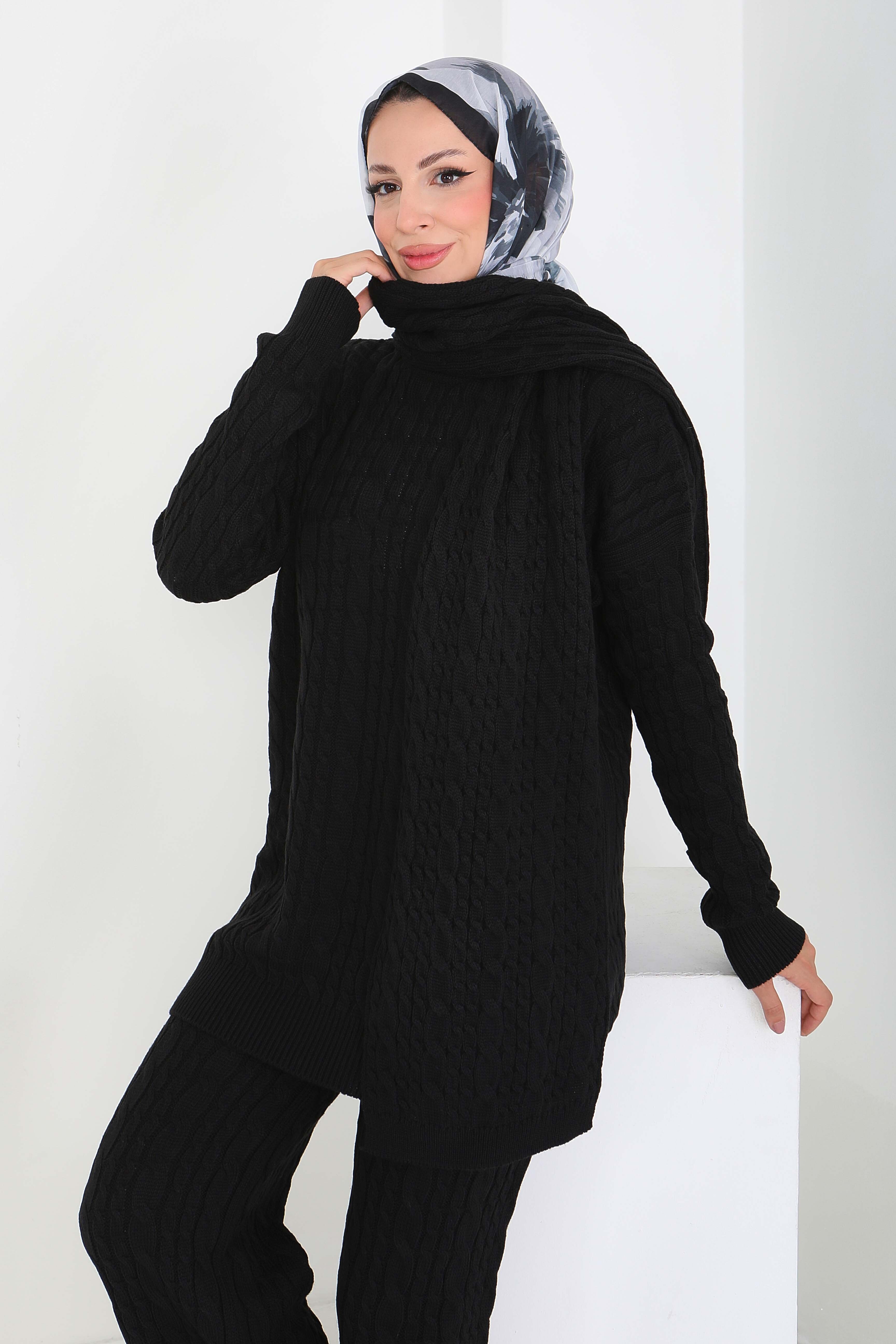 Saç Örgülü Triko Tunik Pantolon Atkı Takım - 27905-SIYAH - 2