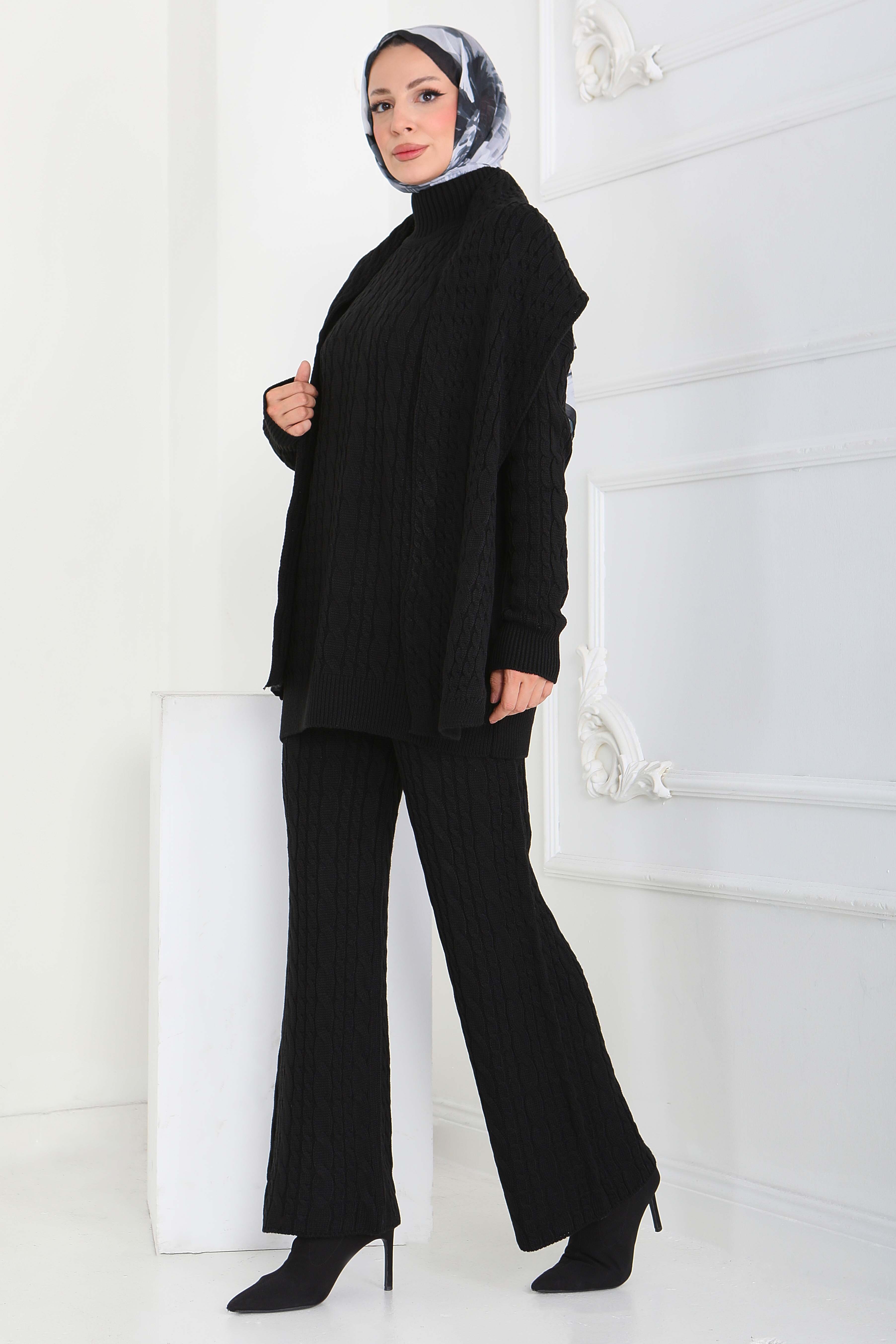 Saç Örgülü Triko Tunik Pantolon Atkı Takım - 27905-SIYAH - 3