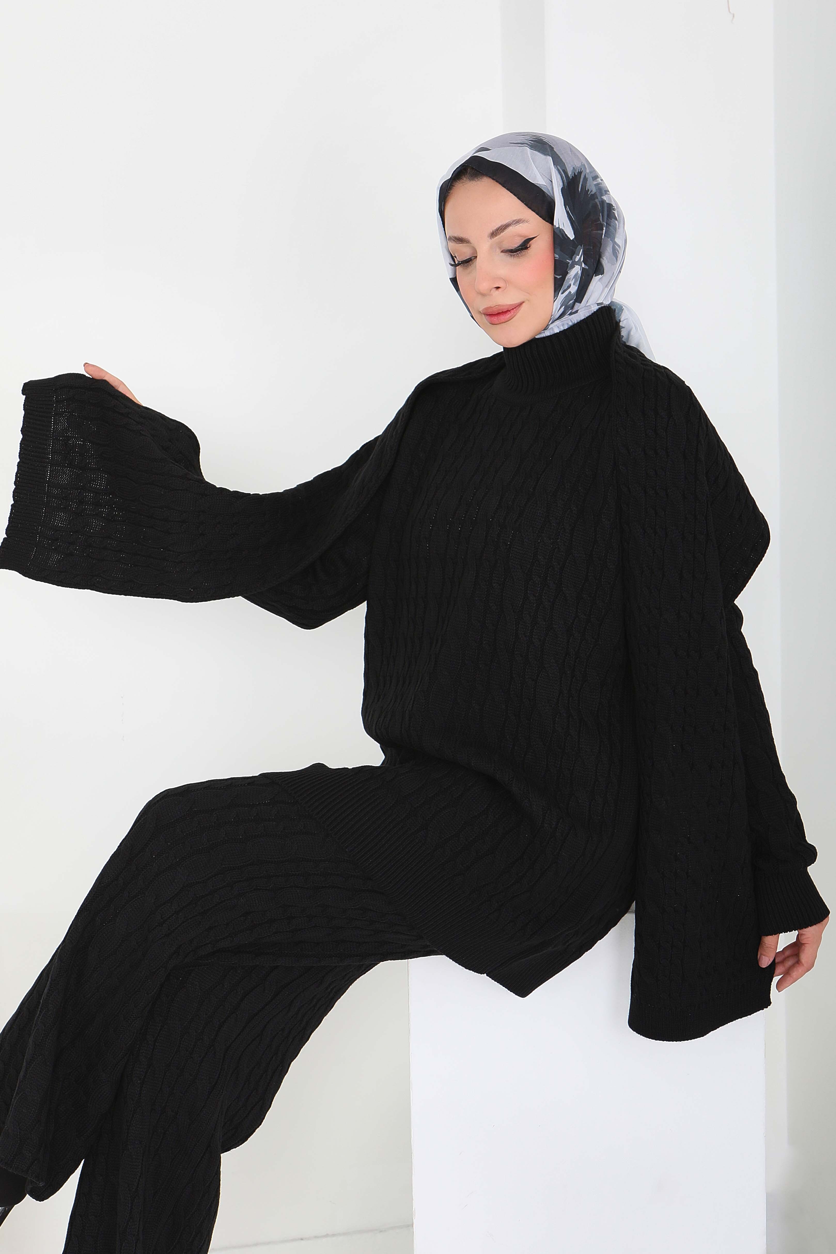 Saç Örgülü Triko Tunik Pantolon Atkı Takım - 27905-SIYAH - 4