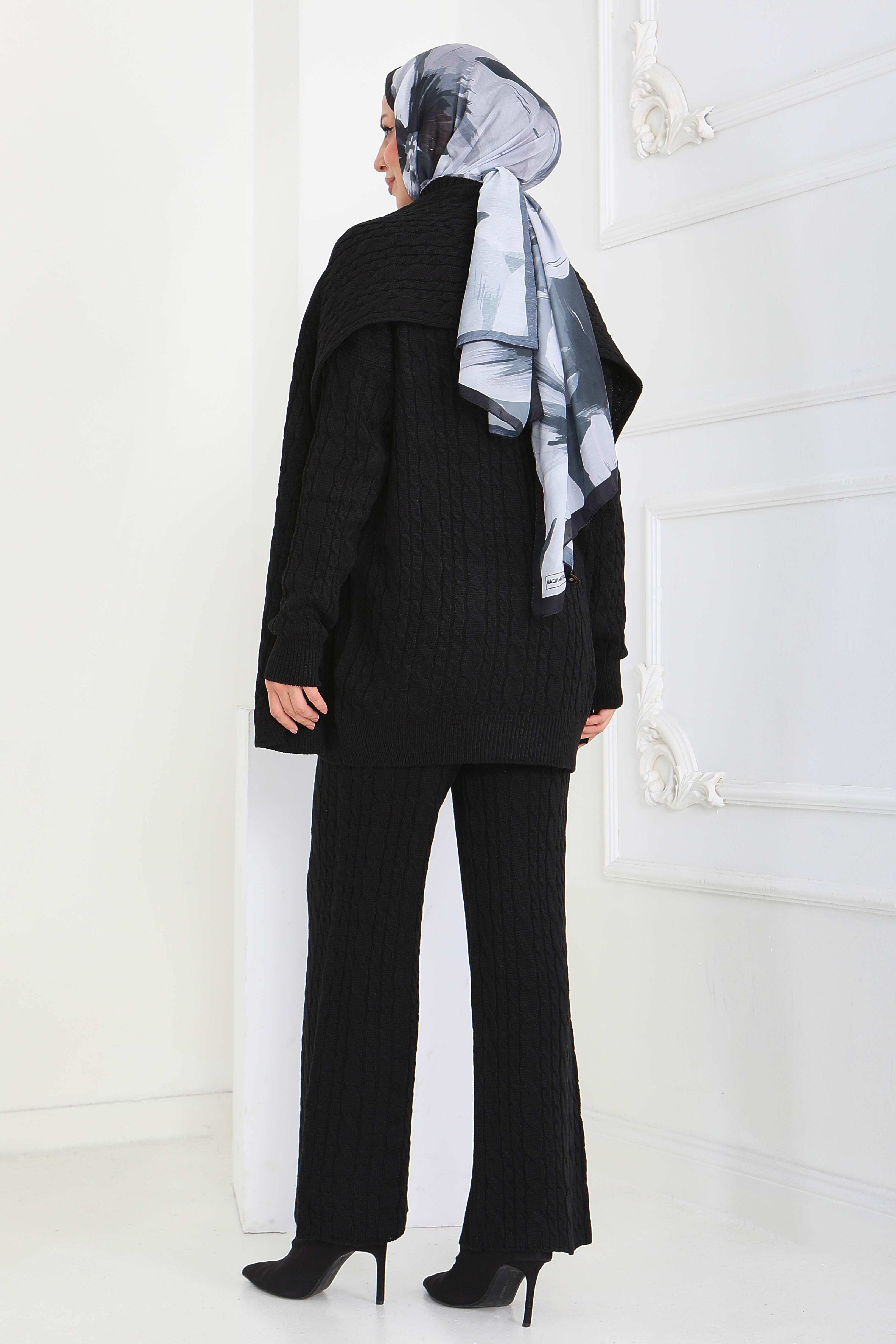 Saç Örgülü Triko Tunik Pantolon Atkı Takım - 27905-SIYAH - 5