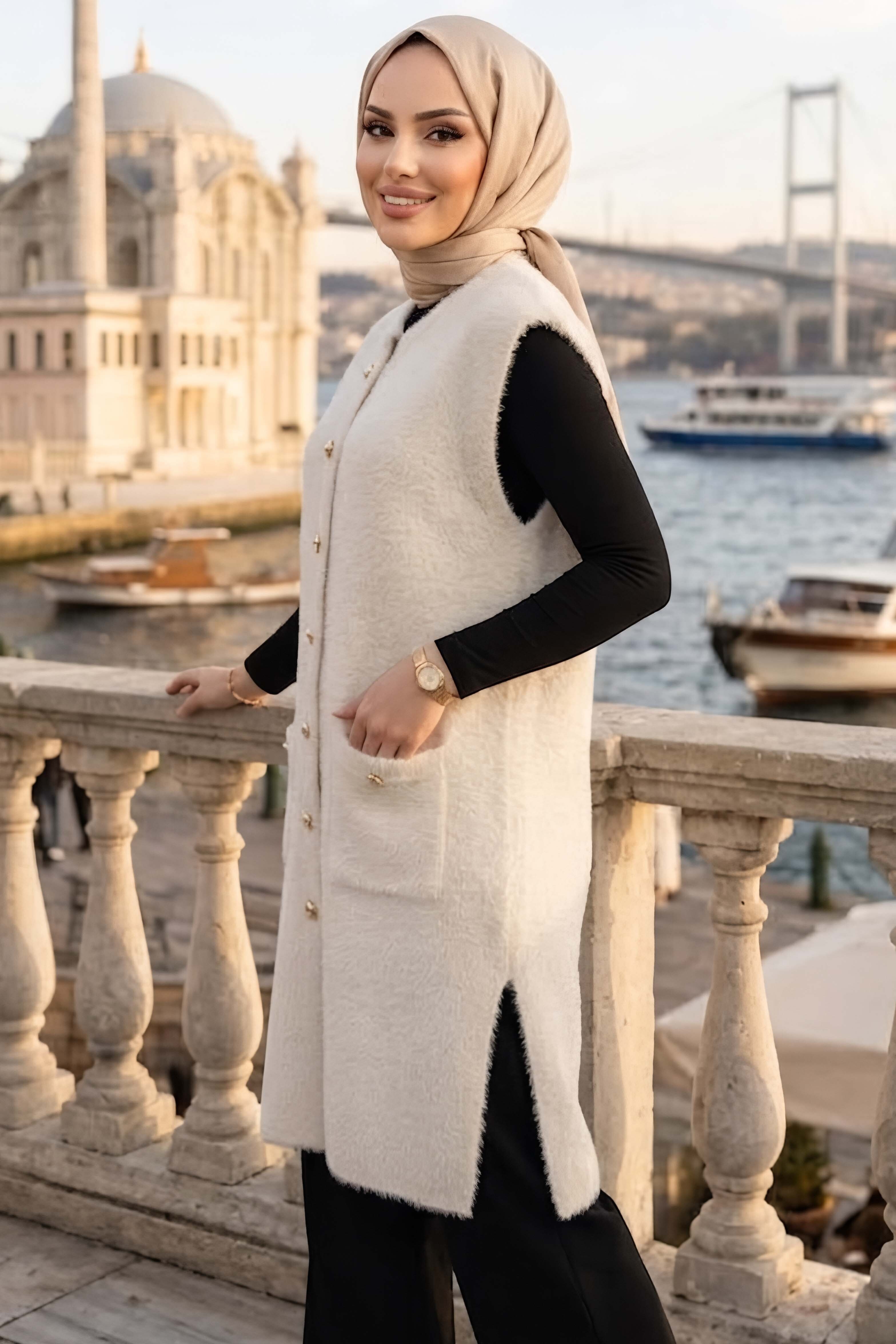 Sakalı Cepli Uzun Yelek Beyaz - 28903-BEYAZ - 2