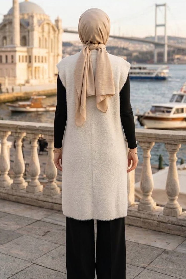 Sakalı Cepli Uzun Yelek Beyaz - 28903-BEYAZ - 4