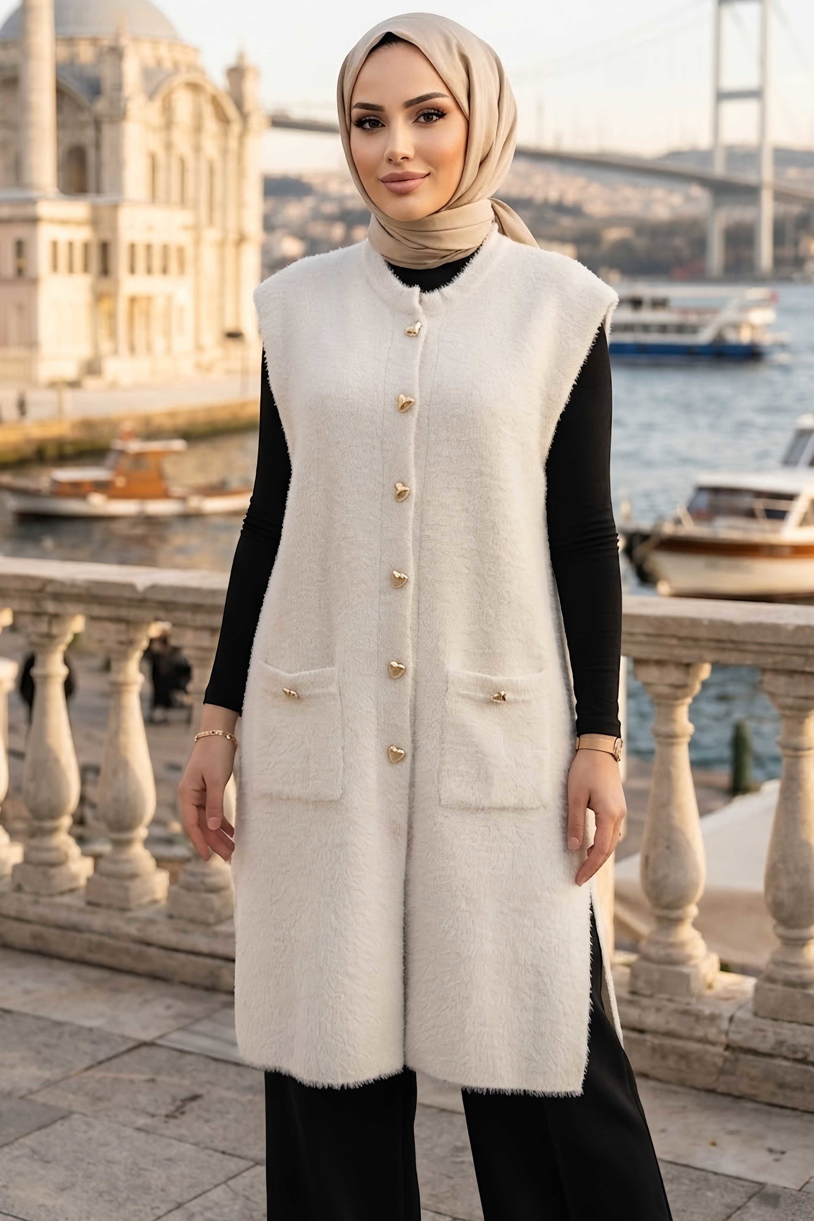 Sakalı Cepli Uzun Yelek Beyaz - 28903-BEYAZ - 1