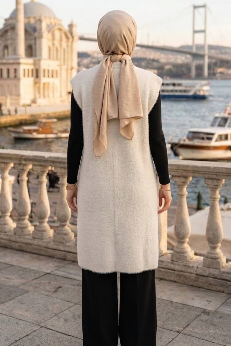 Sakalı Cepli Uzun Yelek Beyaz - 28903-BEYAZ - 4