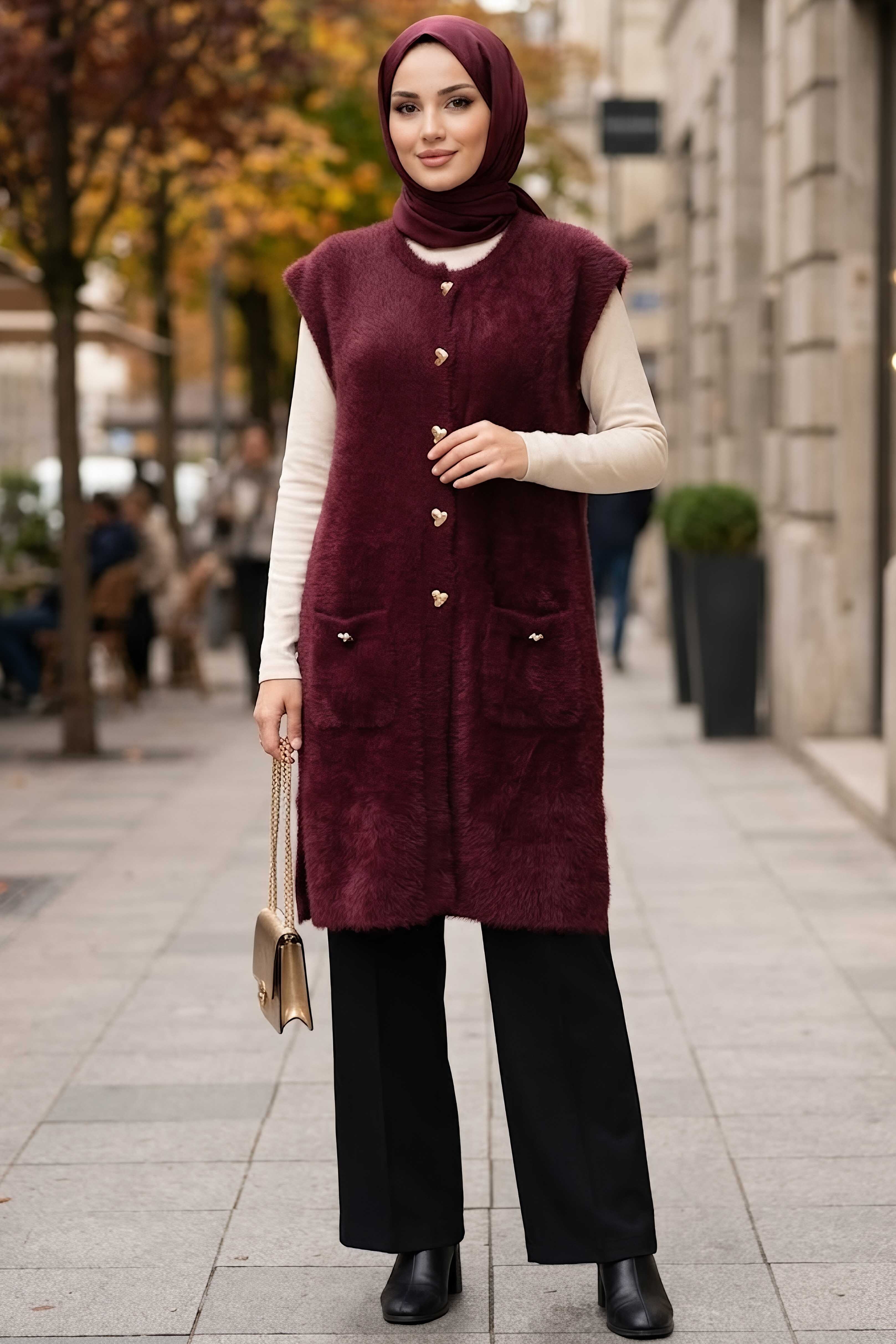 Sakalı Cepli Uzun Yelek Bordo - 28903-BORDO - 1