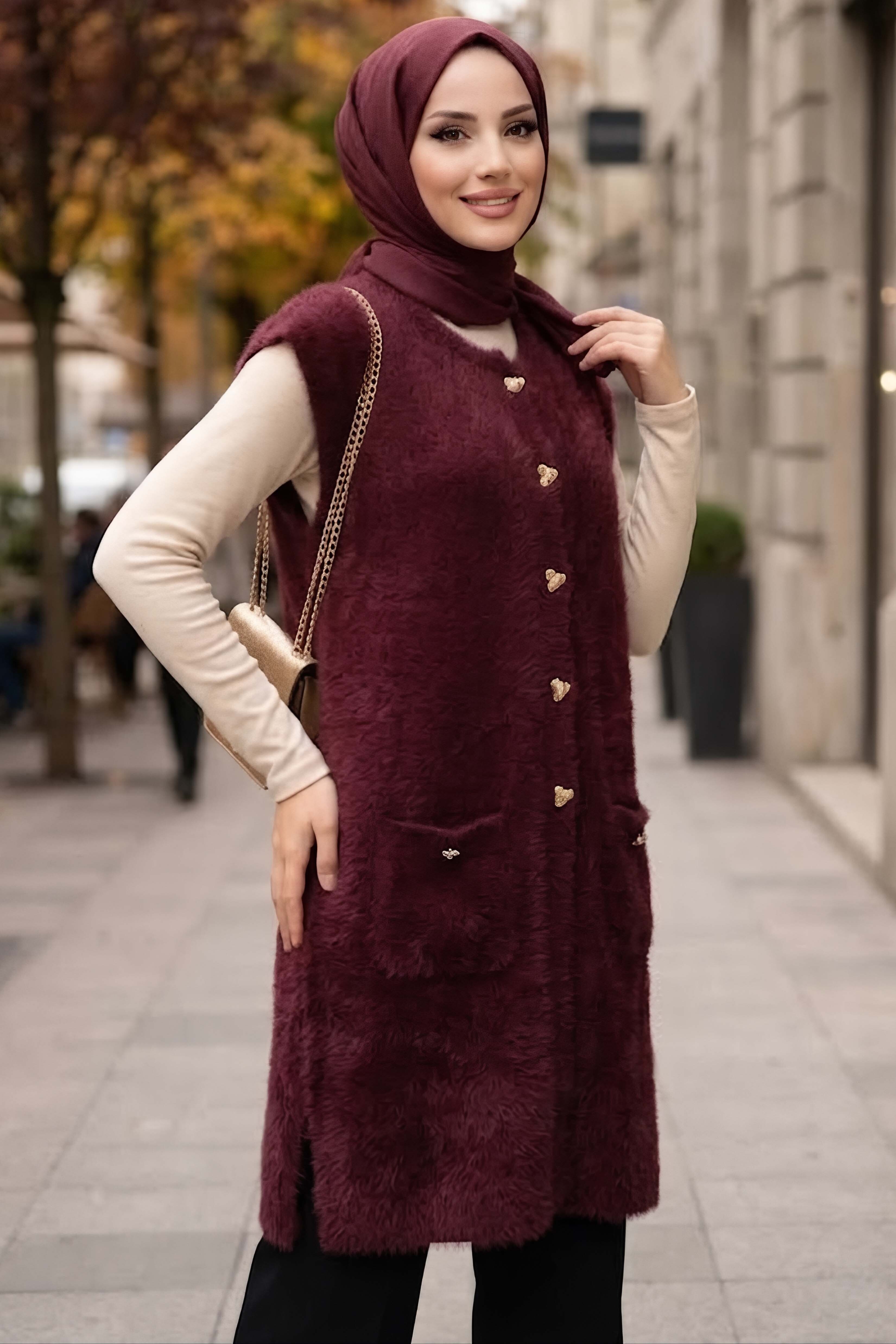 Sakalı Cepli Uzun Yelek Bordo - 28903-BORDO - 2