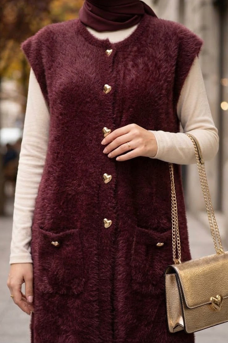 Sakalı Cepli Uzun Yelek Bordo - 28903-BORDO - 3