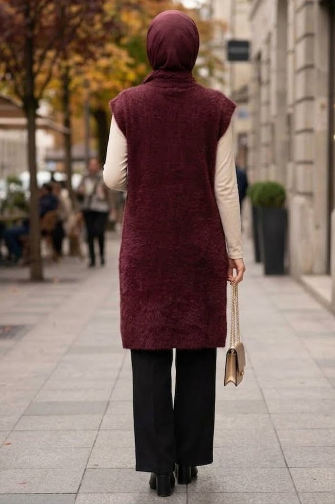 Sakalı Cepli Uzun Yelek Bordo - 28903-BORDO - 4