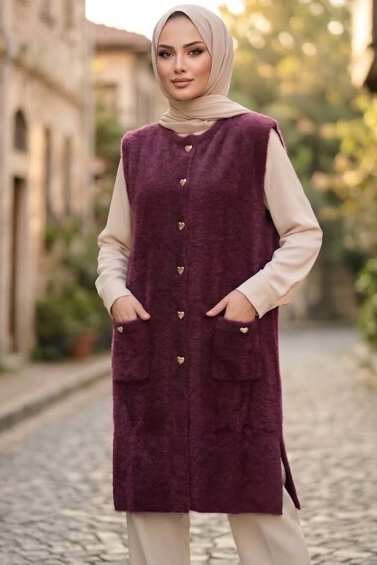Sakalı Cepli Uzun Yelek Bordo - 28903-BORDO - 1