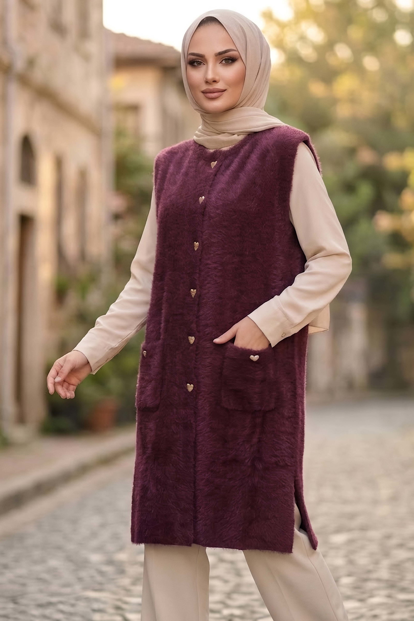 Sakalı Cepli Uzun Yelek Bordo - 28903-BORDO - 2