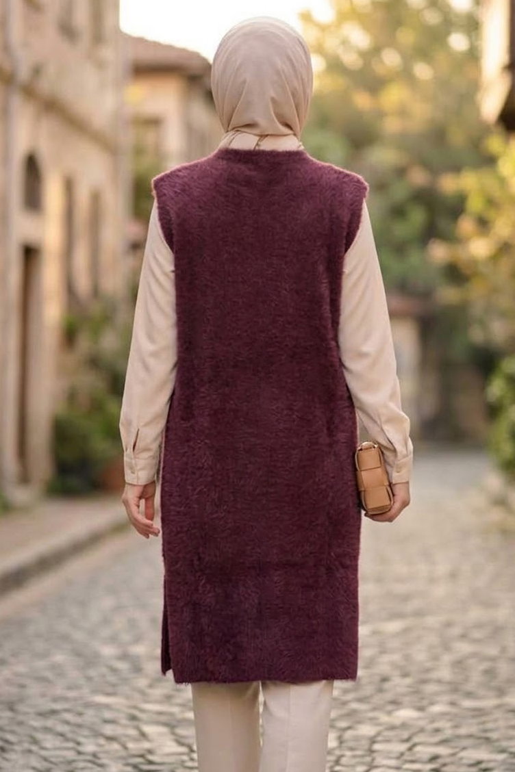 Sakalı Cepli Uzun Yelek Bordo - 28903-BORDO - 4