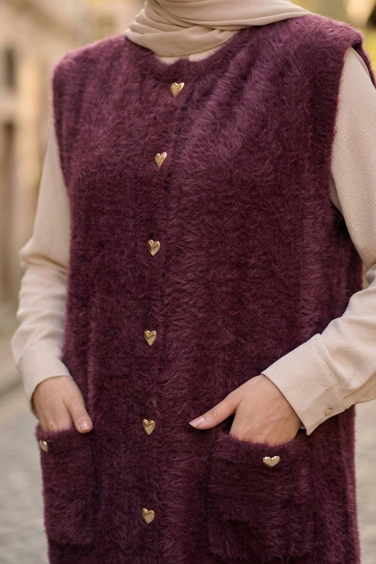 Sakalı Cepli Uzun Yelek Bordo - 28903-BORDO - 3