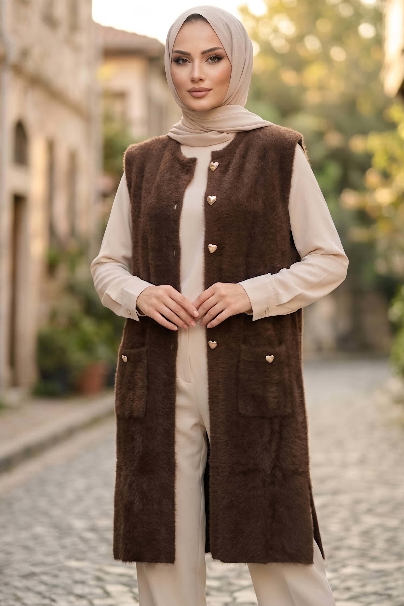 Sakalı Cepli Uzun Yelek Kahve - 28903-KAHVE - 3