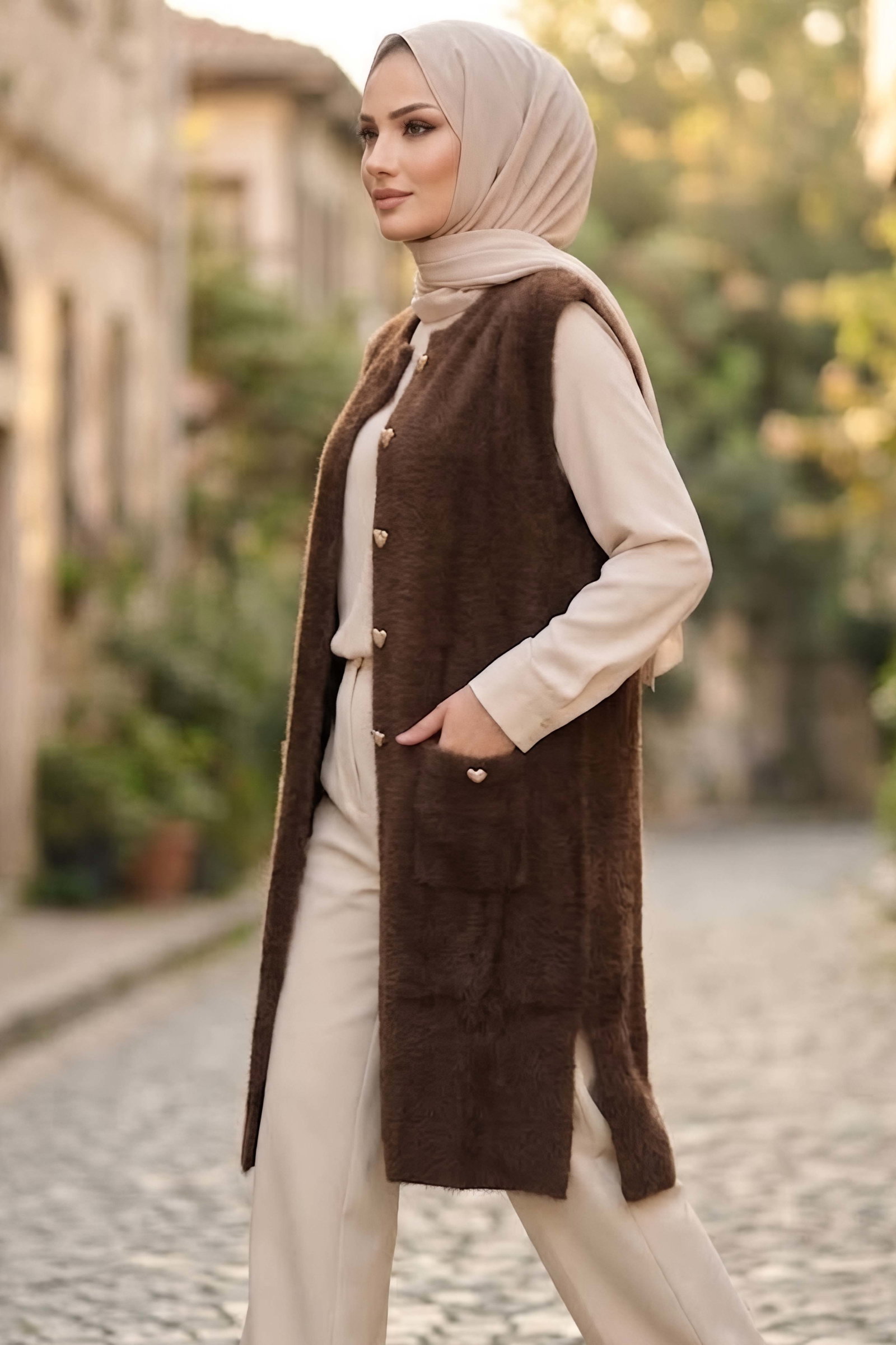 Sakalı Cepli Uzun Yelek Kahve - 28903-KAHVE - 2