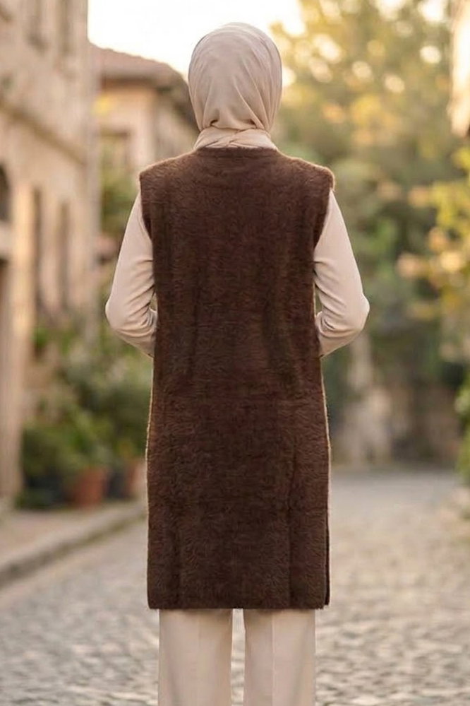 Sakalı Cepli Uzun Yelek Kahve - 28903-KAHVE - 4