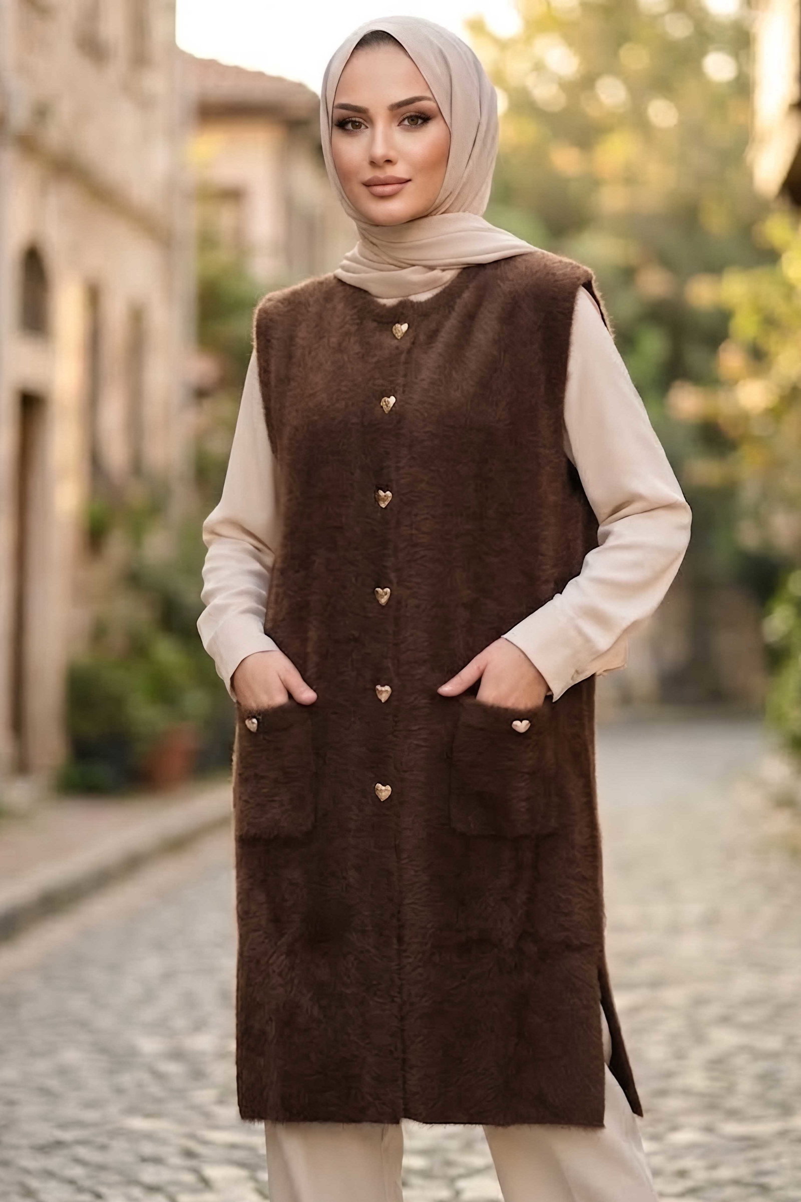 Sakalı Cepli Uzun Yelek Kahve - 28903-KAHVE - 1