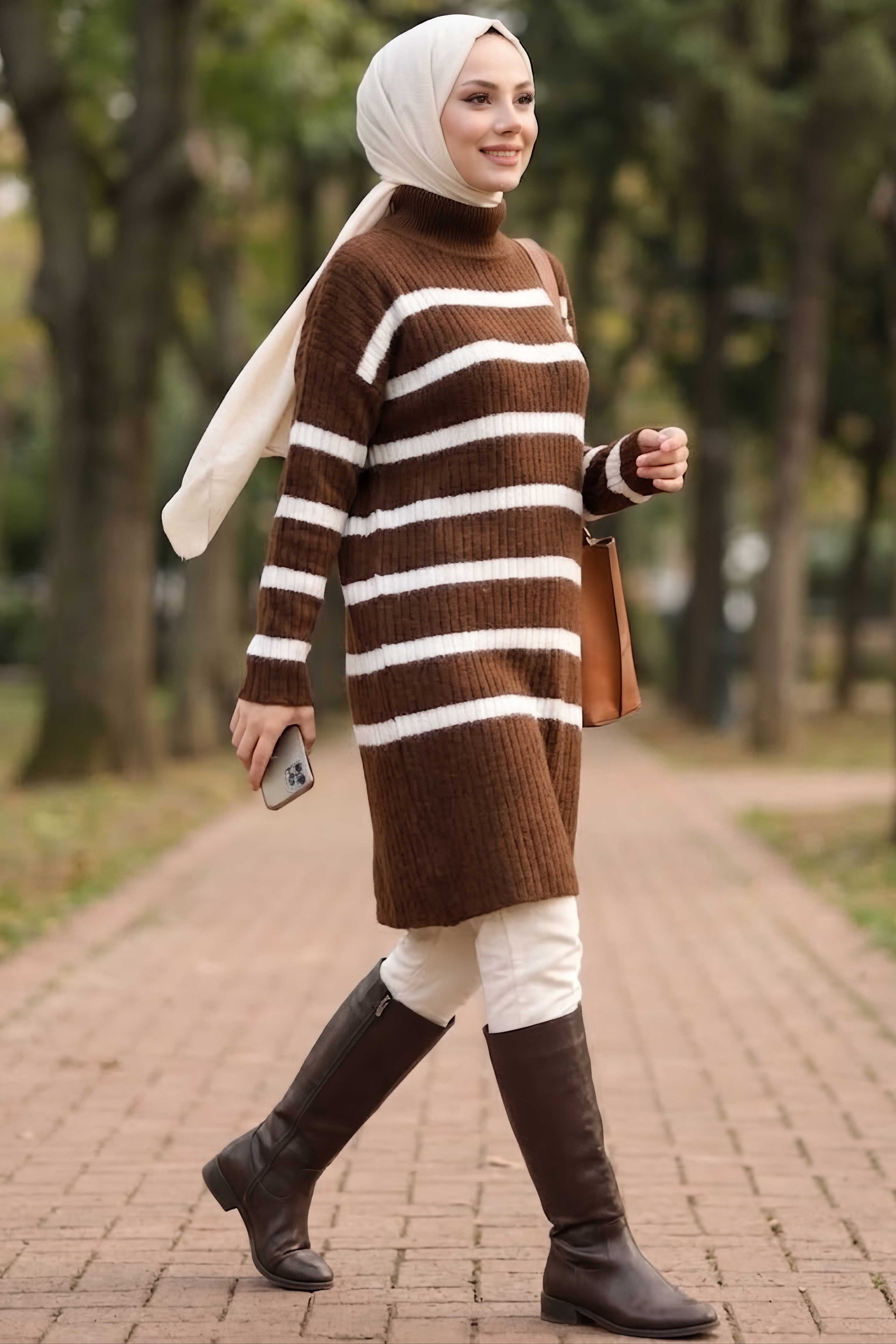Sakalı Yumoş Çizgili Tunik Kahve - 28905-KAHVE - 1