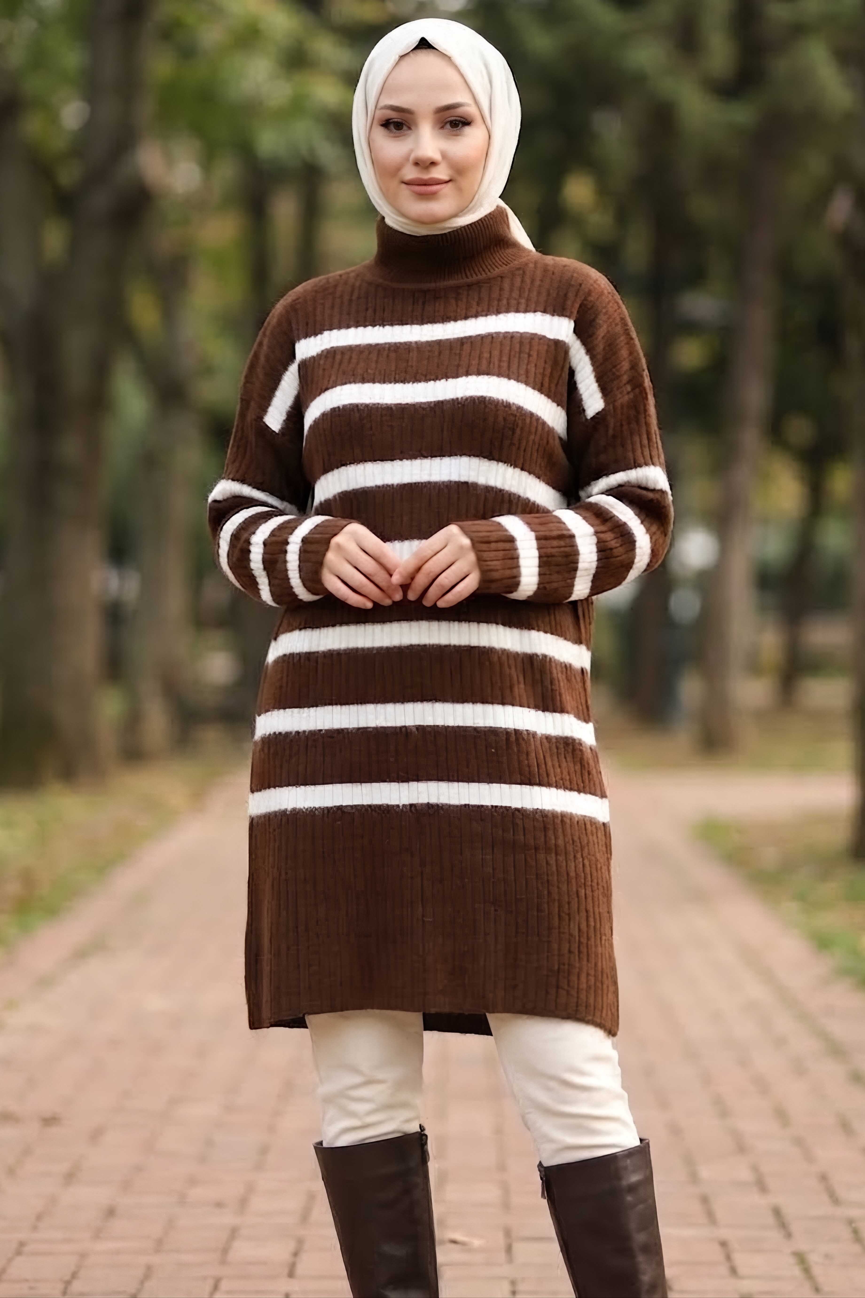 Sakalı Yumoş Çizgili Tunik Kahve - 28905-KAHVE - 2