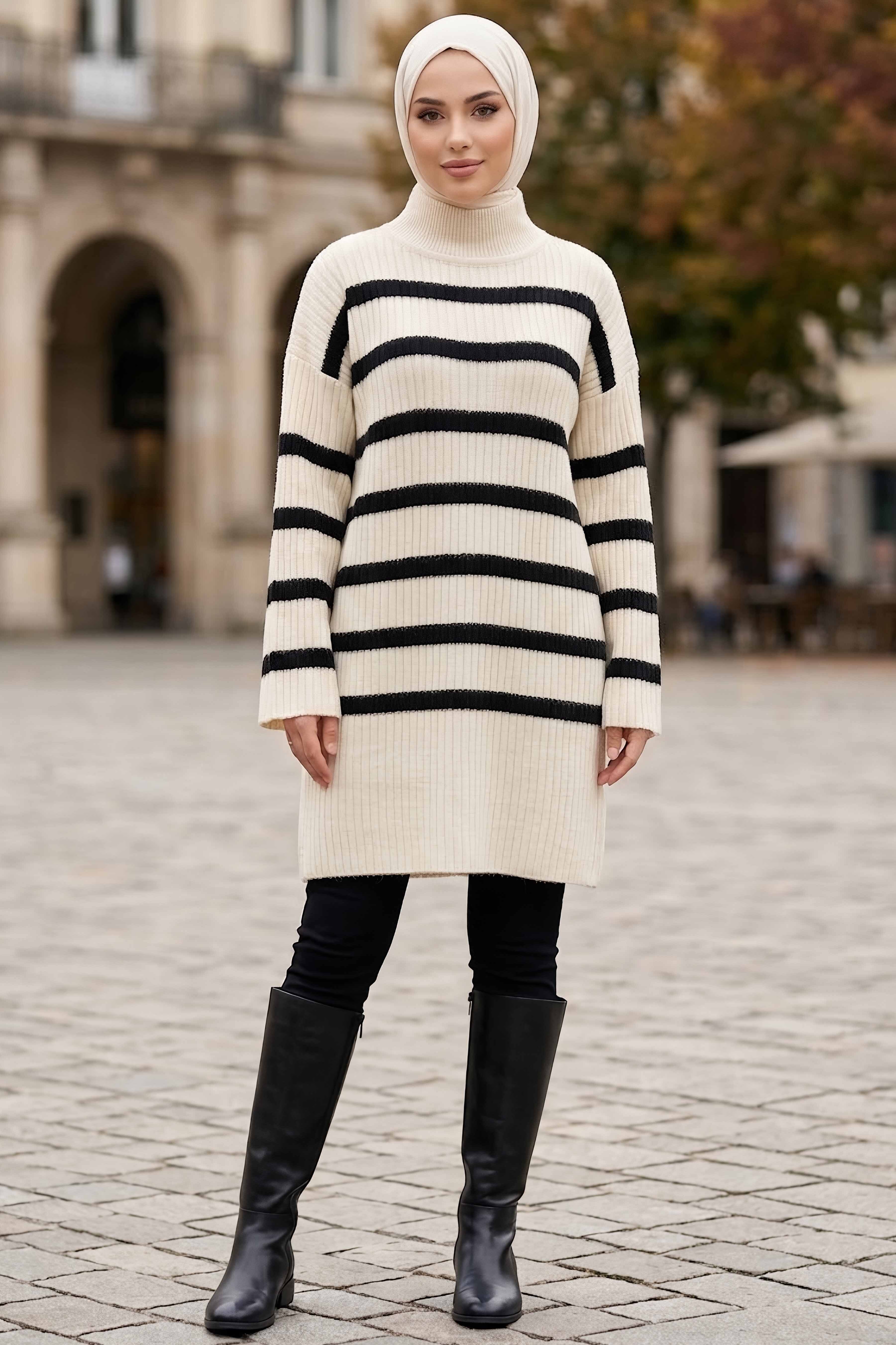Sakalı Yumoş Çizgili Tunik Krem - 28905-KREM - 1