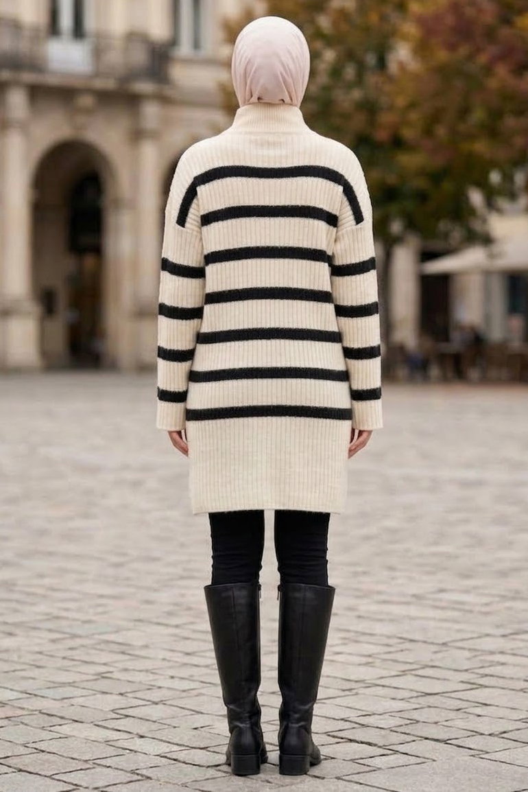 Sakalı Yumoş Çizgili Tunik Krem - 28905-KREM - 2